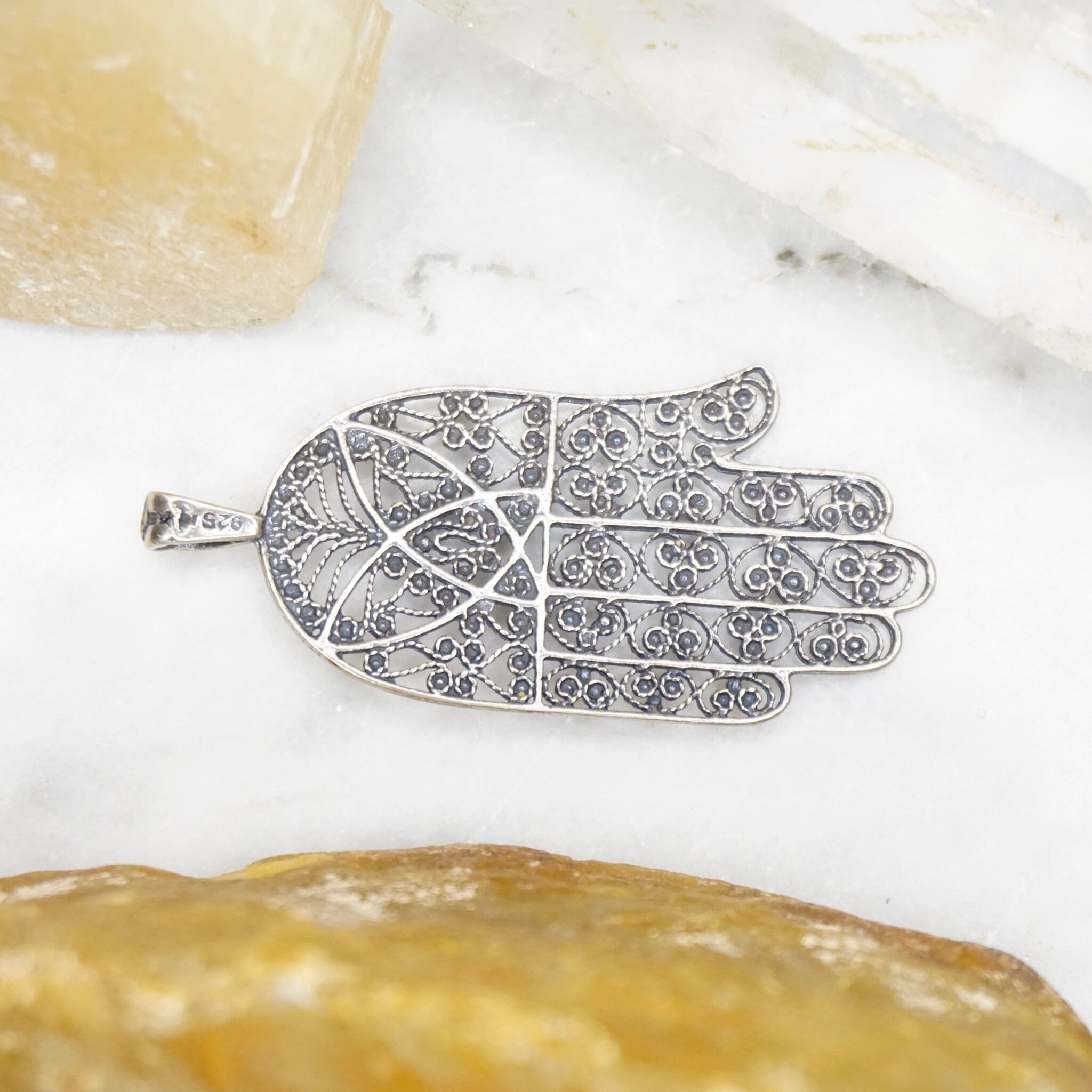 Vintage Sterling Silver Filigree Hamsa Hand Pendant, Detailed Silver Hand Pendant, Protective Talisman Pendant, Made In Israel, 925 Jewelry