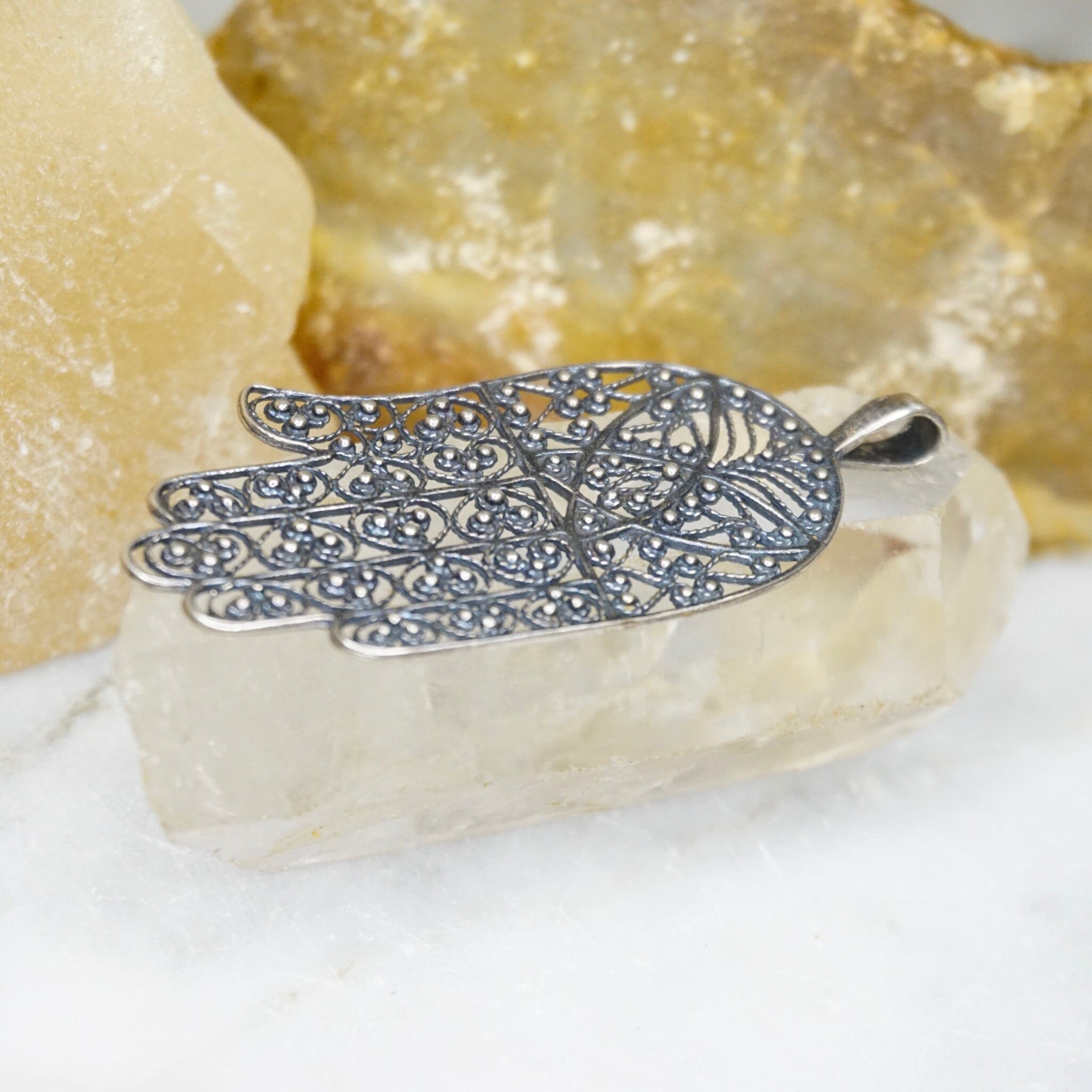 Vintage Sterling Silver Filigree Hamsa Hand Pendant, Detailed Silver Hand Pendant, Protective Talisman Pendant, Made In Israel, 925 Jewelry