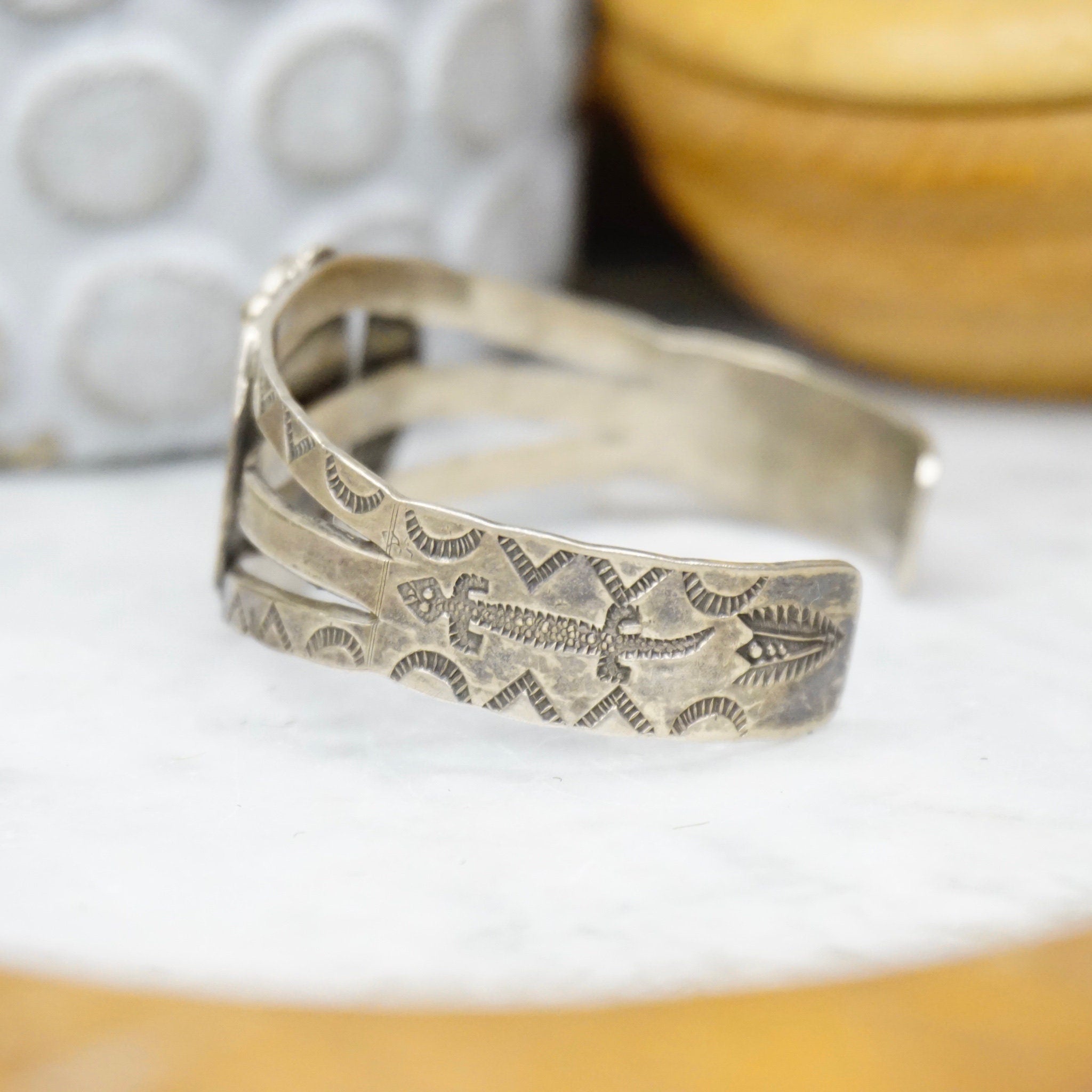 Vintage Native American Coin Silver Turquoise Cuff Bracelet, Handmade Silver Cuff With Intricate Design, Natural Turquoise, Old Pawn Jewelry