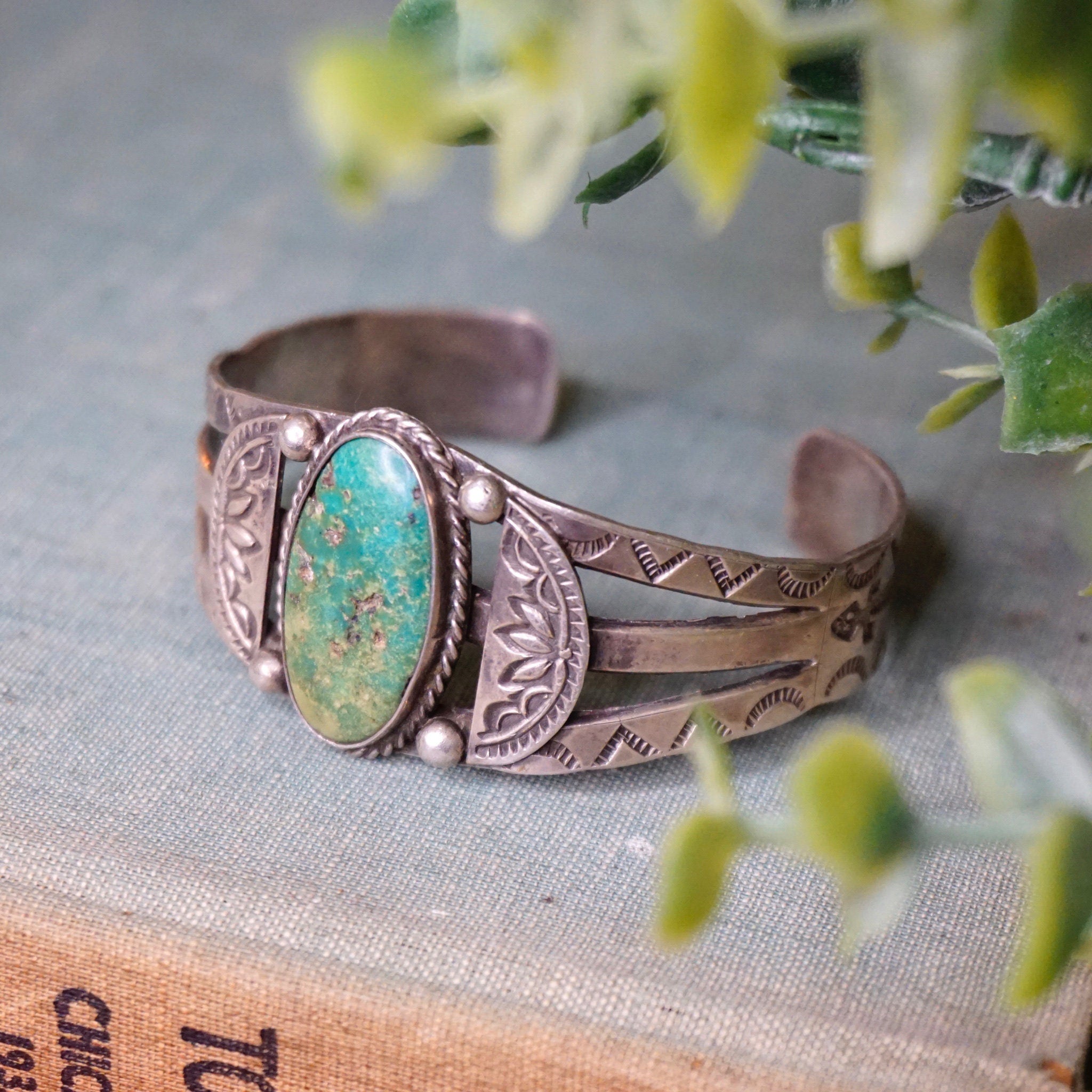 Vintage Native American Coin Silver Turquoise Cuff Bracelet, Handmade Silver Cuff With Intricate Design, Natural Turquoise, Old Pawn Jewelry