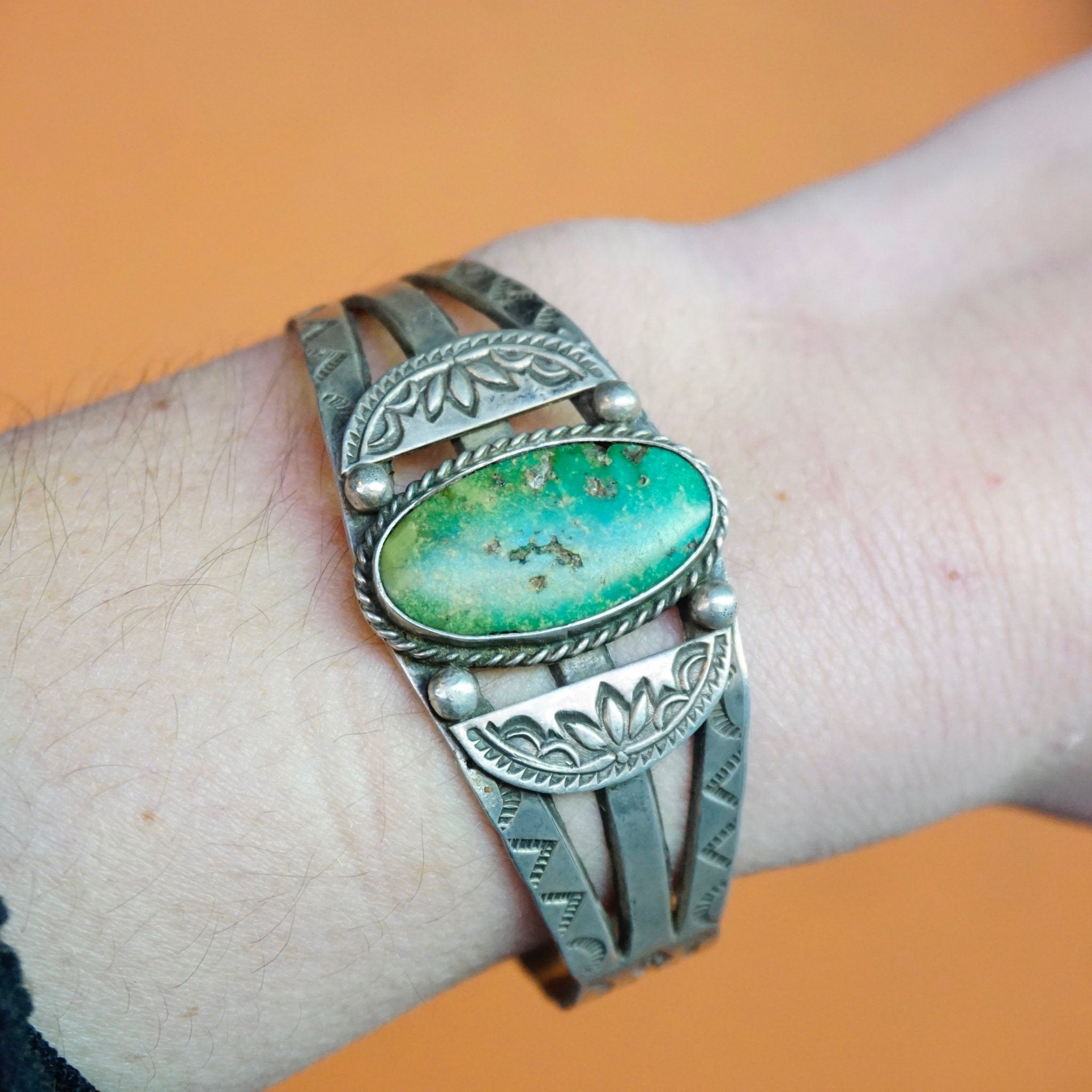 Vintage Native American Coin Silver Turquoise Cuff Bracelet, Handmade Silver Cuff With Intricate Design, Natural Turquoise, Old Pawn Jewelry