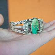 Vintage Native American Coin Silver Turquoise Cuff Bracelet, Handmade Silver Cuff With Intricate Design, Natural Turquoise, Old Pawn Jewelry