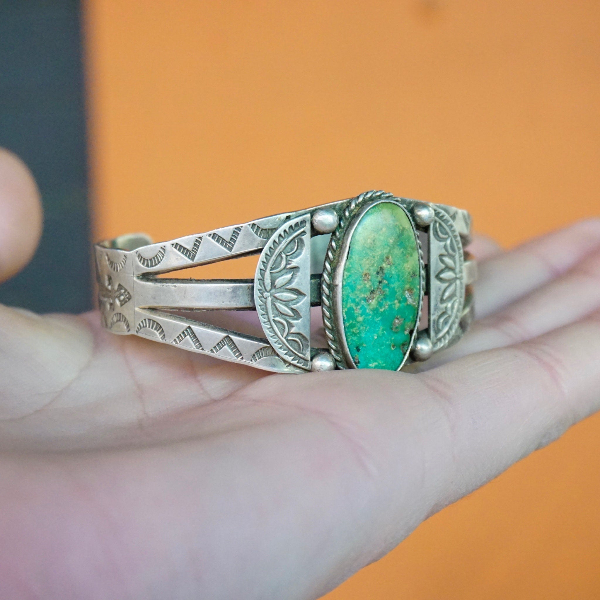 Vintage Native American Coin Silver Turquoise Cuff Bracelet, Handmade Silver Cuff With Intricate Design, Natural Turquoise, Old Pawn Jewelry