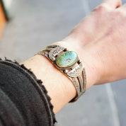 Vintage Native American Coin Silver Turquoise Cuff Bracelet, Handmade Silver Cuff With Intricate Design, Natural Turquoise, Old Pawn Jewelry