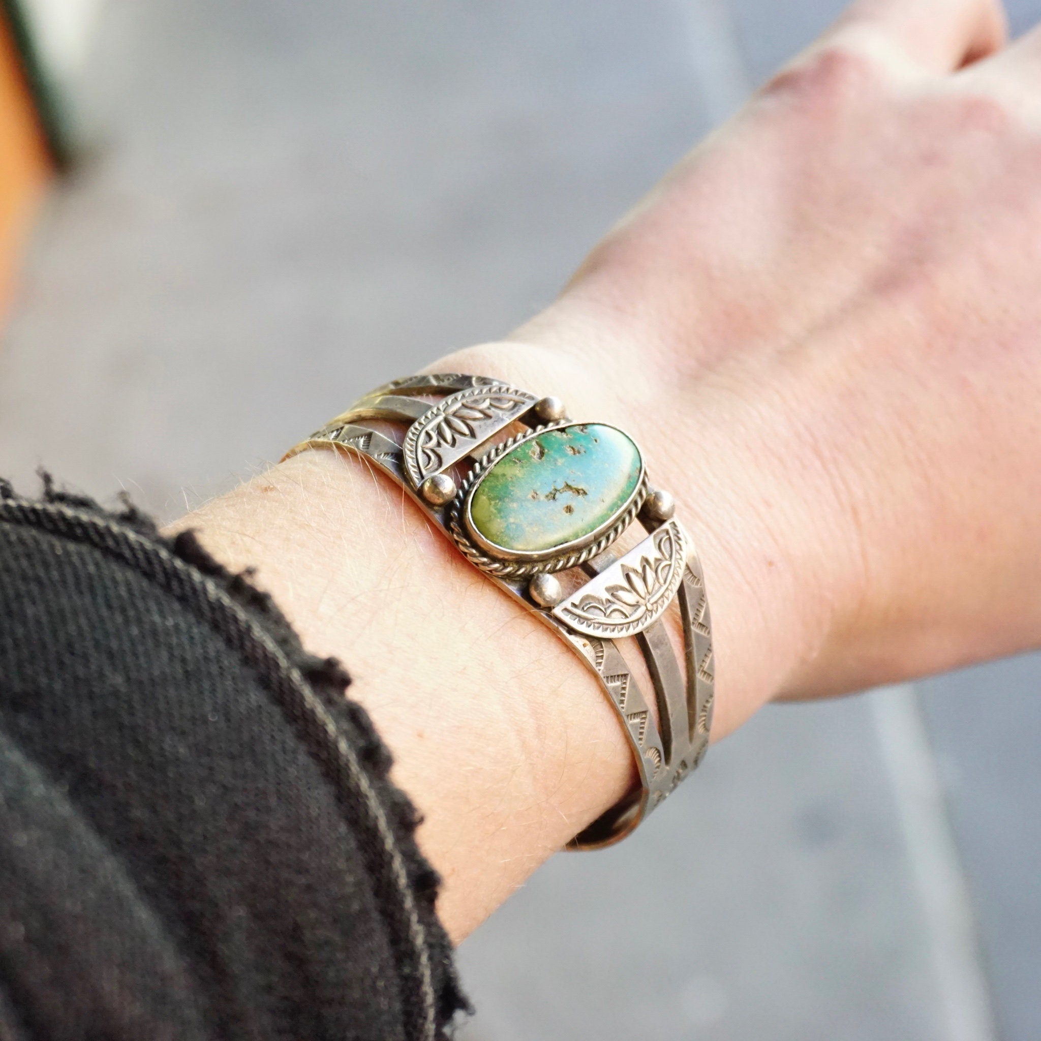 Vintage Native American Coin Silver Turquoise Cuff Bracelet, Handmade Silver Cuff With Intricate Design, Natural Turquoise, Old Pawn Jewelry