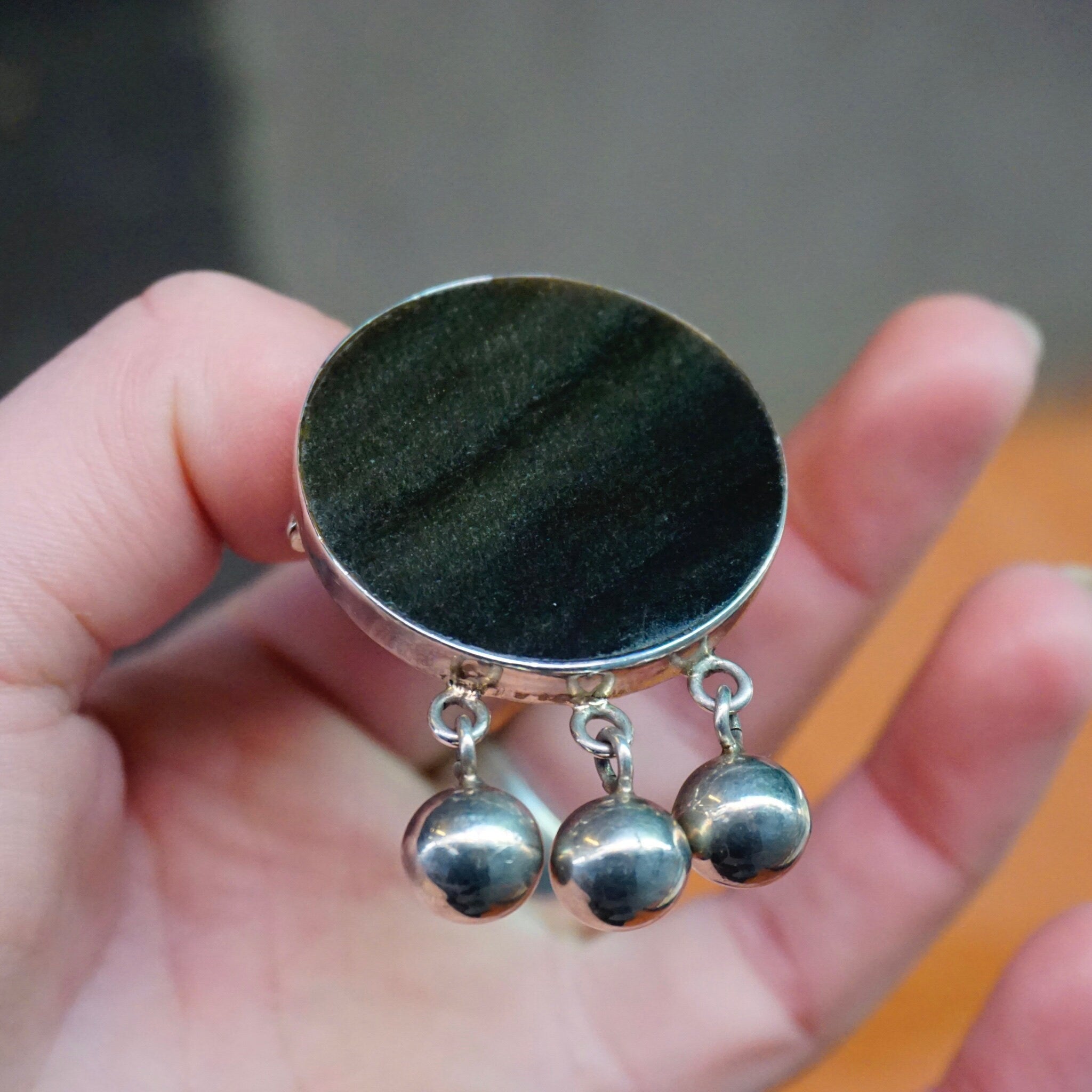 Vintage TAXCO Sterling Silver Brooch/Pendant, Unique Silver Pendant With Iridescent Black Stone, Round Stone Brooch With Silver Beads, 925