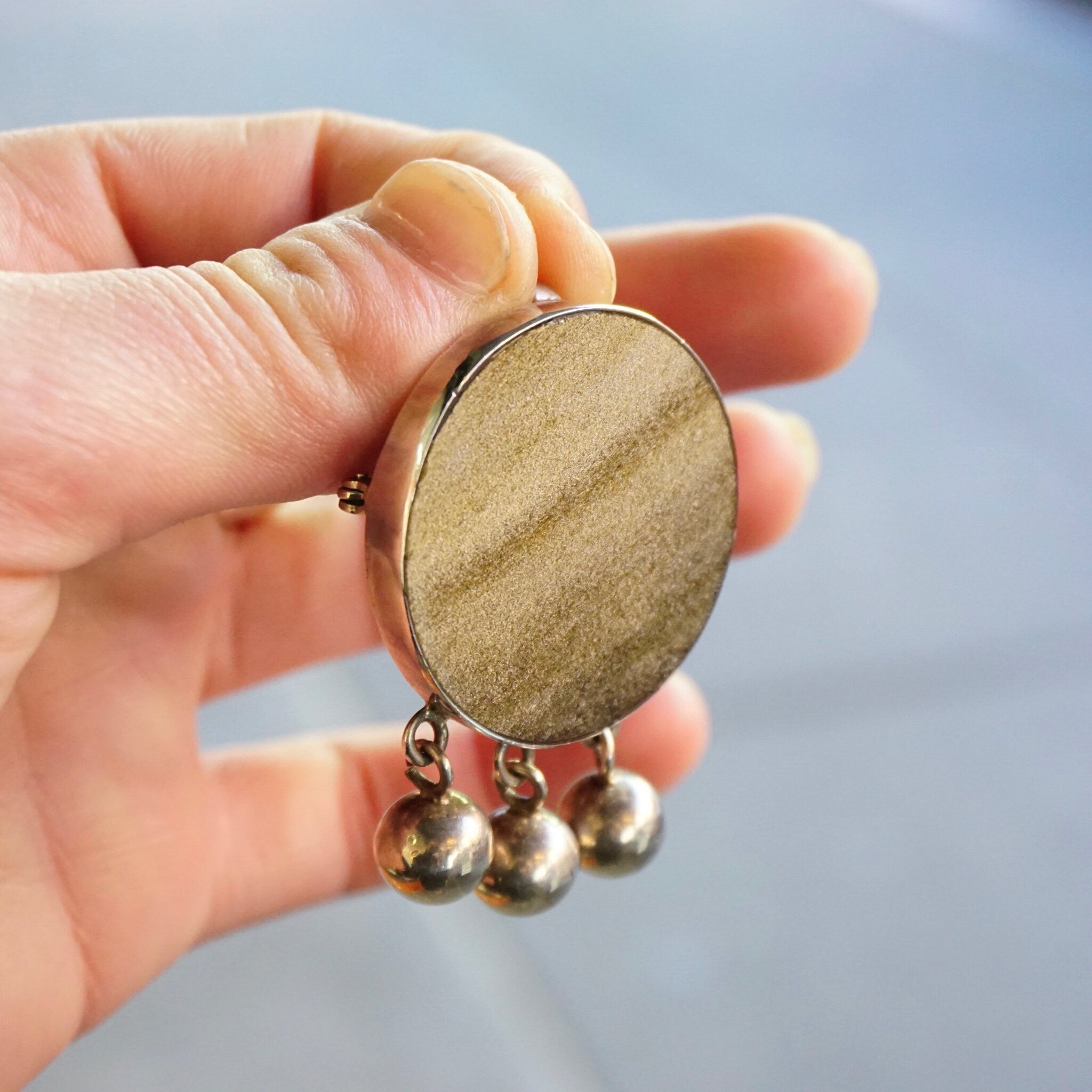 Vintage TAXCO Sterling Silver Brooch/Pendant, Unique Silver Pendant With Iridescent Black Stone, Round Stone Brooch With Silver Beads, 925