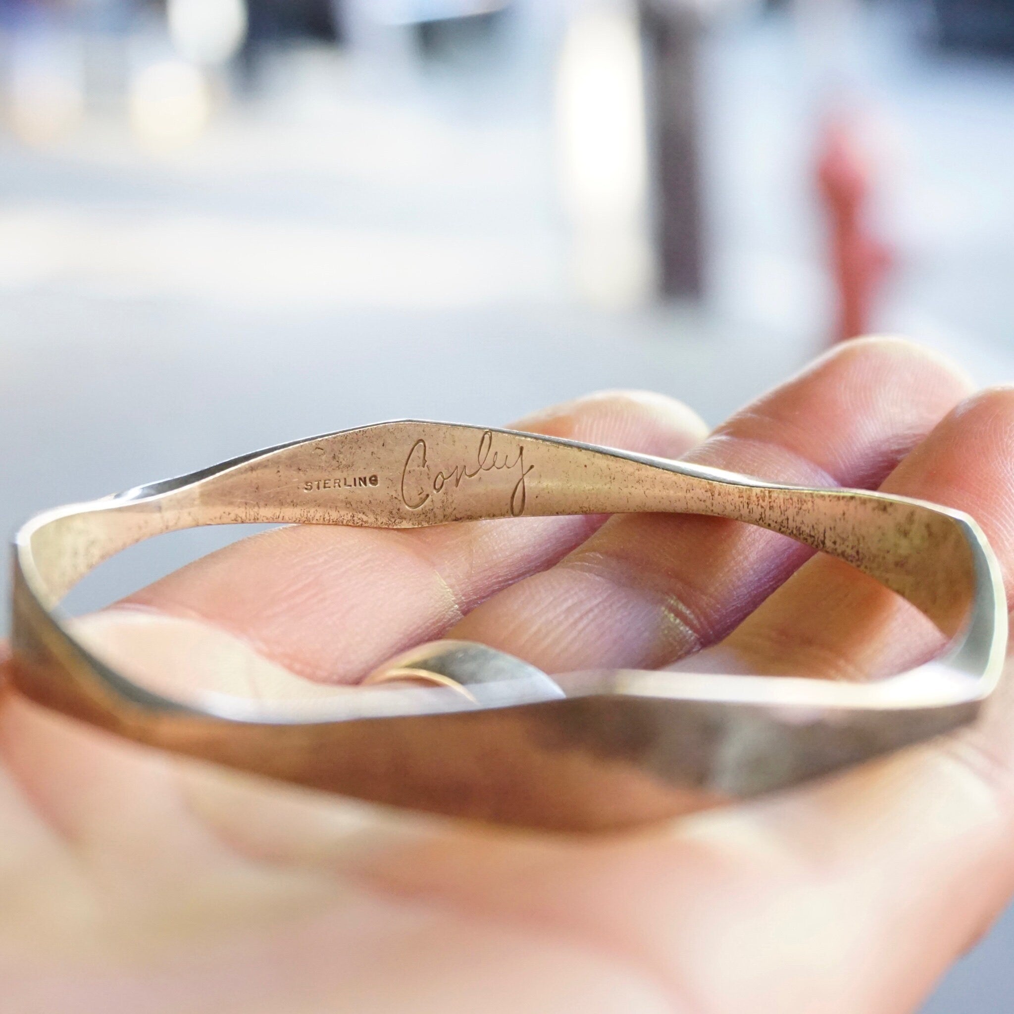 Vintage Sterling Silver Bangle, Signed Conley Sterling Silver Bracelet, Modernist Geometric Silver Bangle, Hammered Silver Bracelet, 925