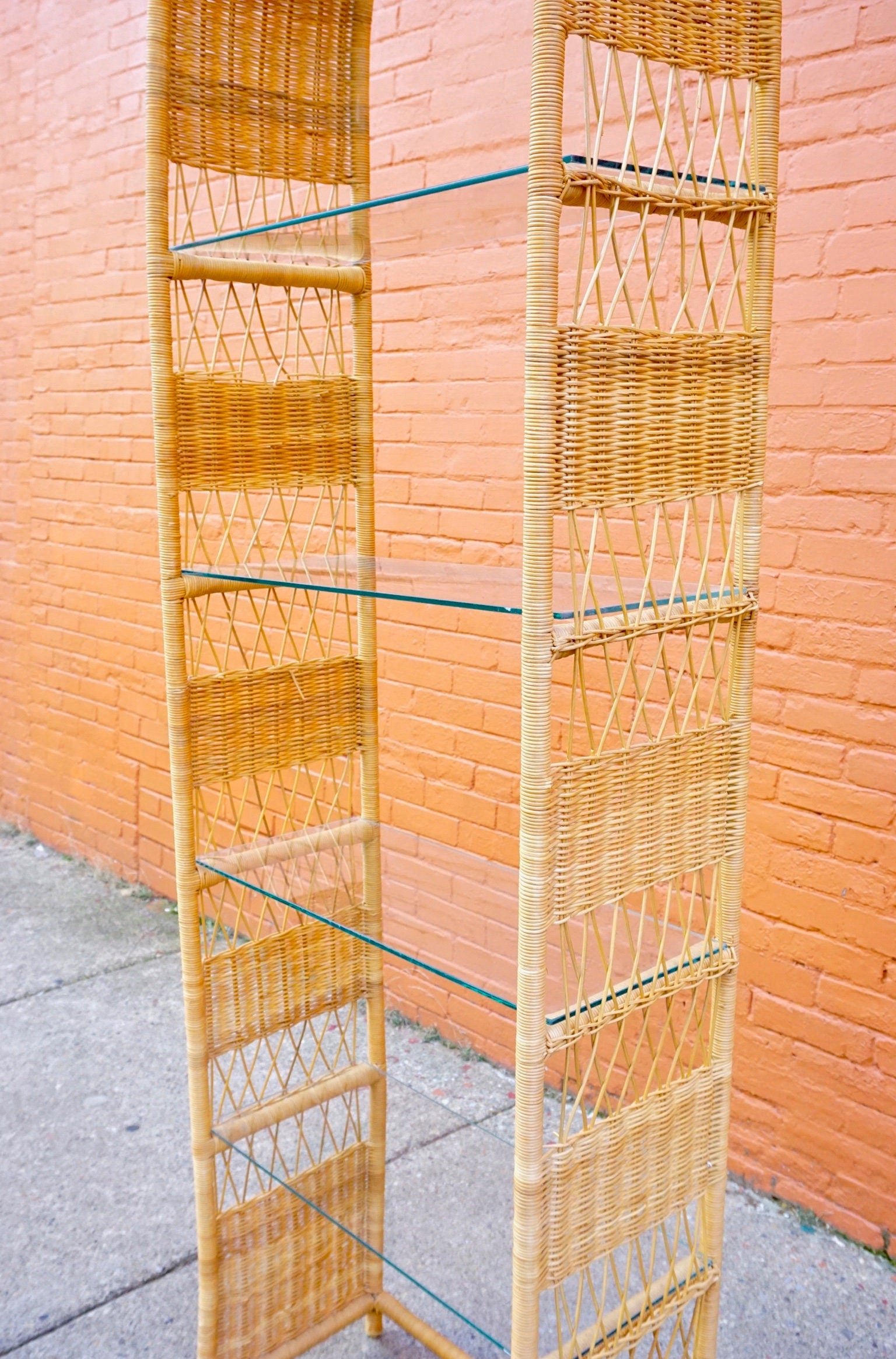 LOCAL PICKUP ONLY Vintage Rattan Etagere Shelving Unit, Arched Wicker Bookshelf With 4 Glass Shelves, Boho/Chic