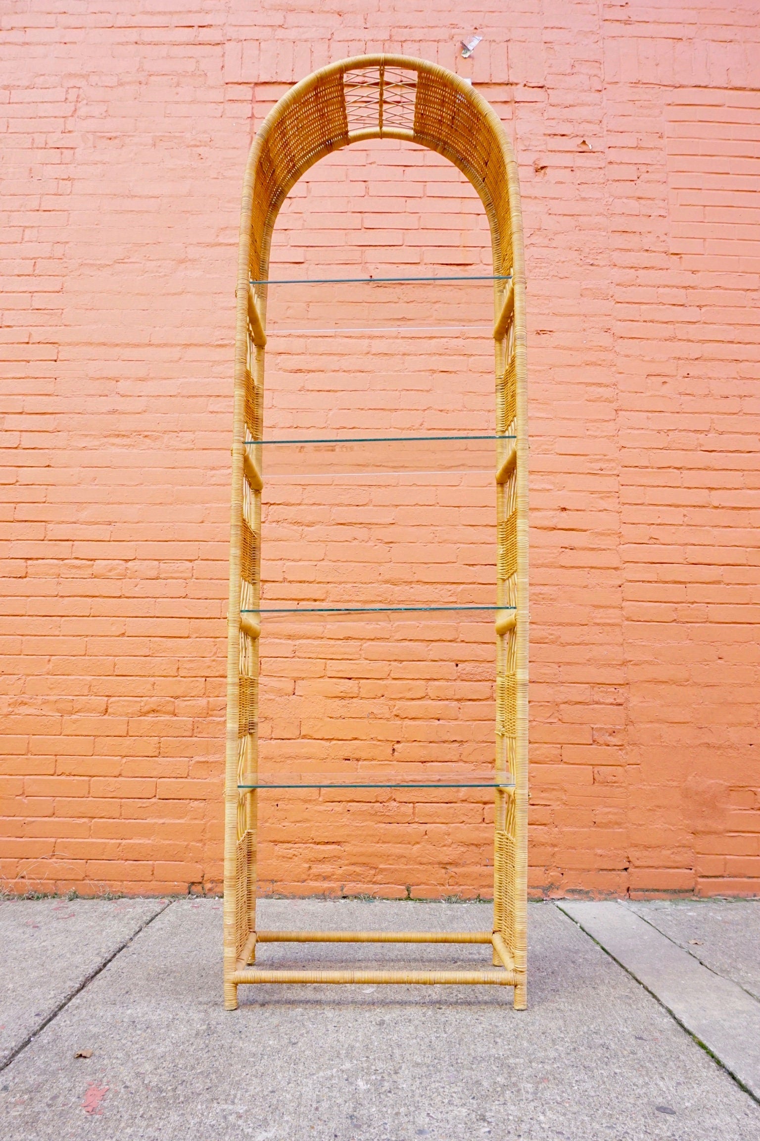 LOCAL PICKUP ONLY Vintage Rattan Etagere Shelving Unit, Arched Wicker Bookshelf With 4 Glass Shelves, Boho/Chic