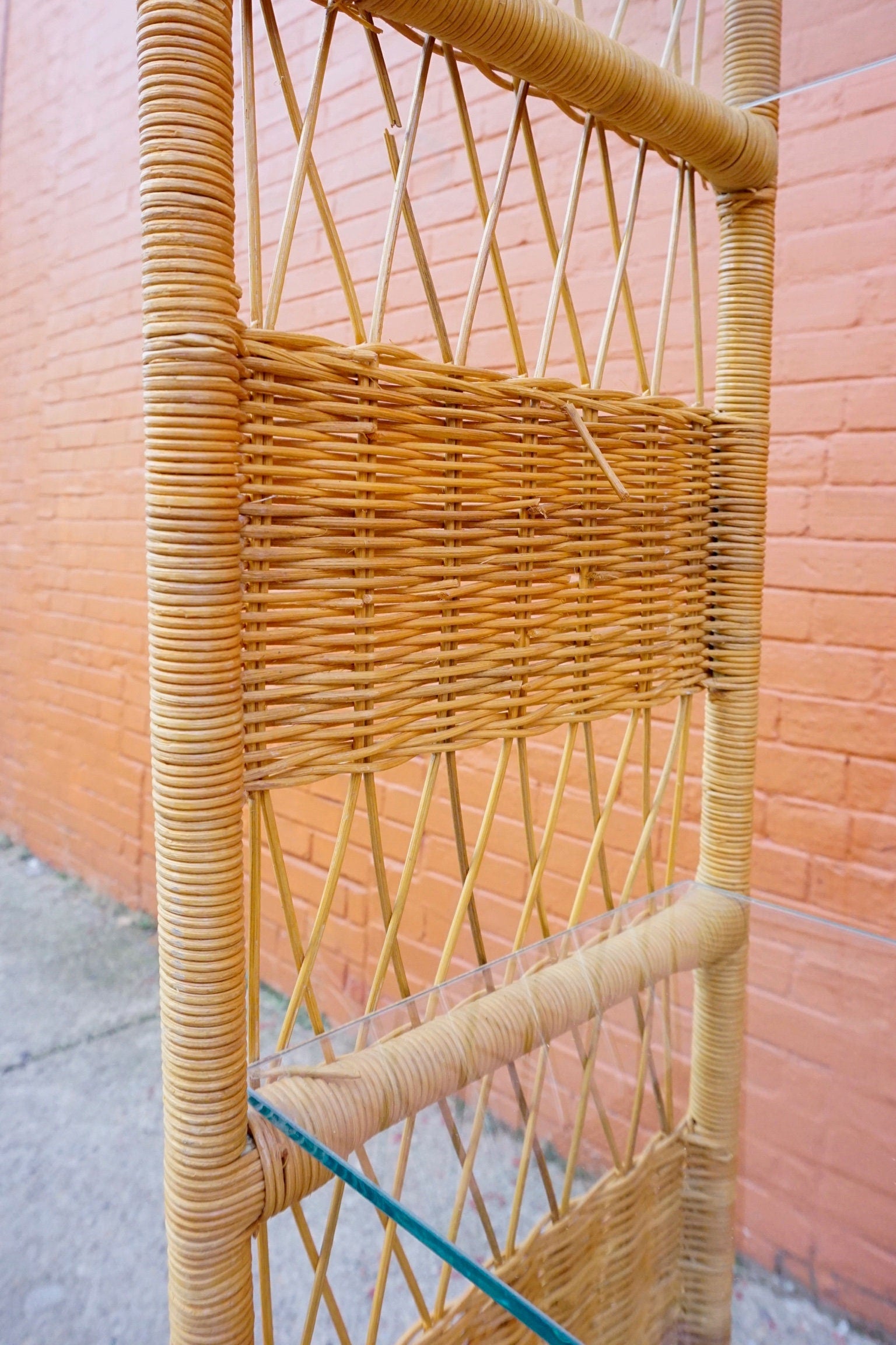LOCAL PICKUP ONLY Vintage Rattan Etagere Shelving Unit, Arched Wicker Bookshelf With 4 Glass Shelves, Boho/Chic