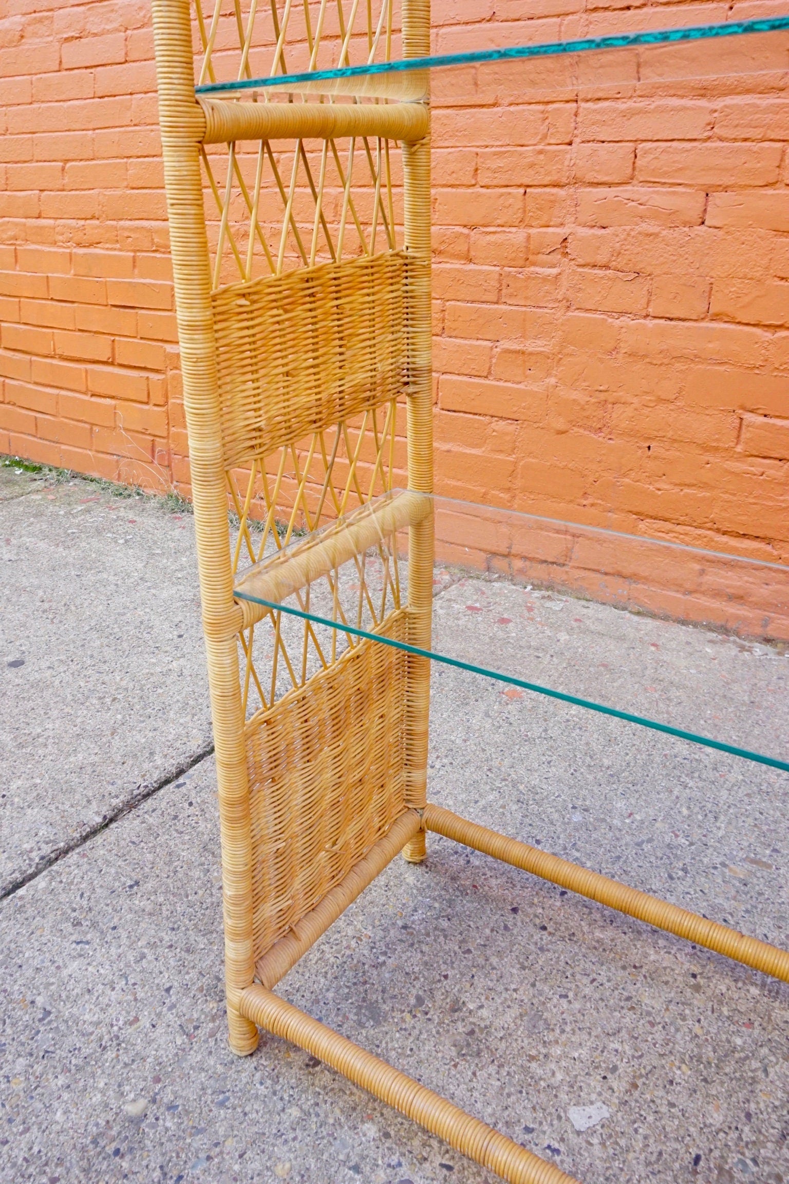 LOCAL PICKUP ONLY Vintage Rattan Etagere Shelving Unit, Arched Wicker Bookshelf With 4 Glass Shelves, Boho/Chic