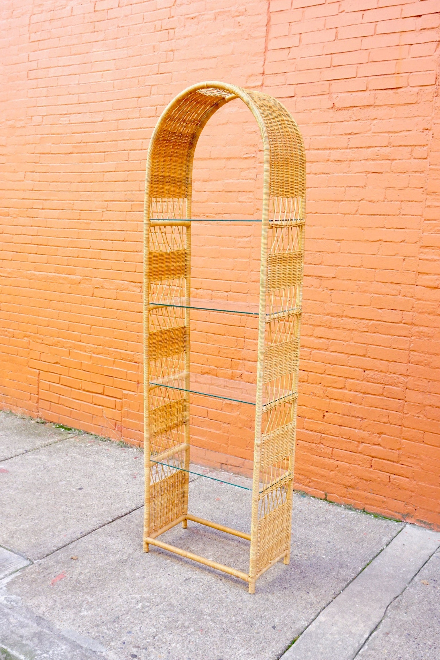 LOCAL PICKUP ONLY Vintage Rattan Etagere Shelving Unit, Arched Wicker Bookshelf With 4 Glass Shelves, Boho/Chic