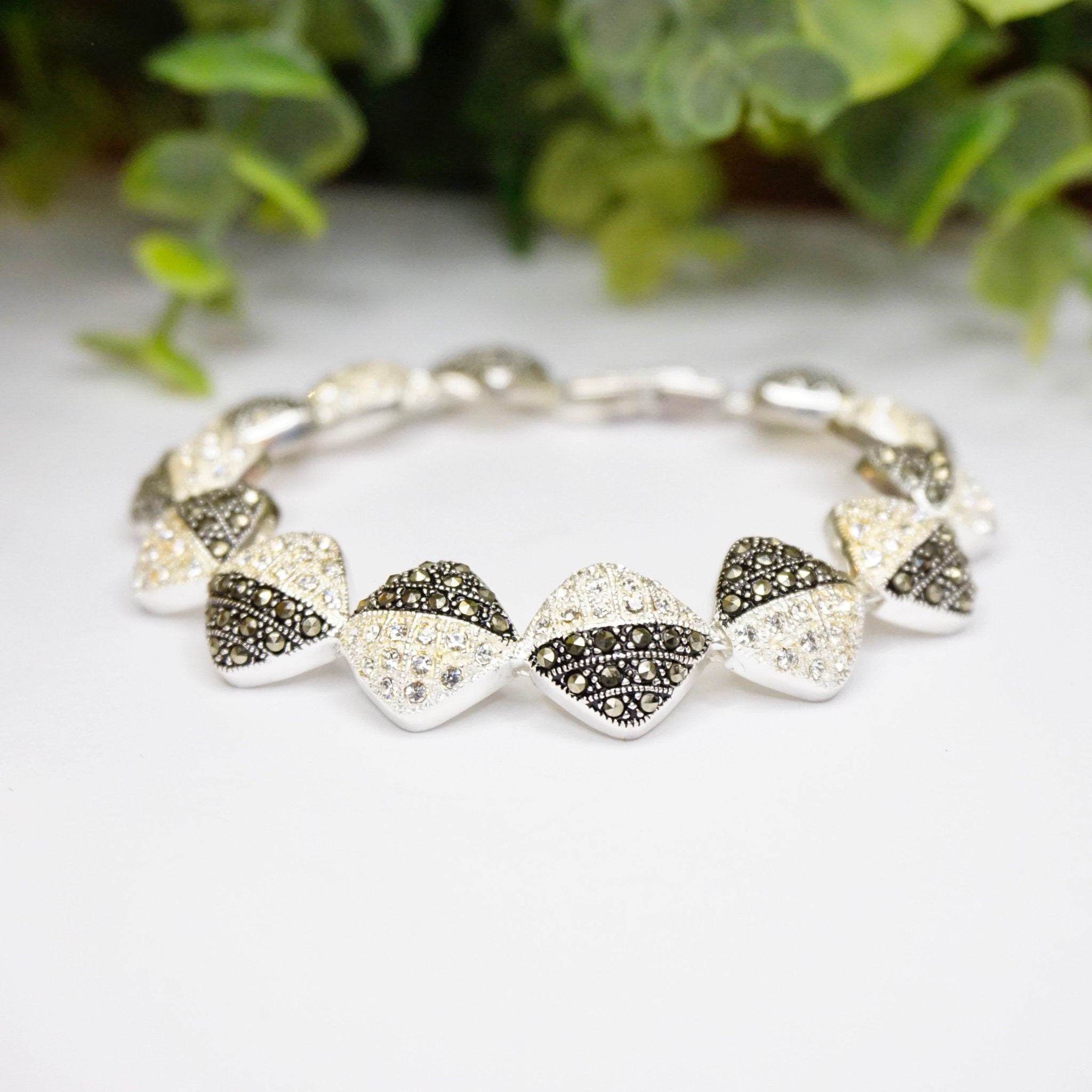 Vintage Marcasite and Crystal Sterling Silver Bracelet, Beautiful Black And White Square Link Bracelet, Marcasite and Cubic Zirconium, CW925