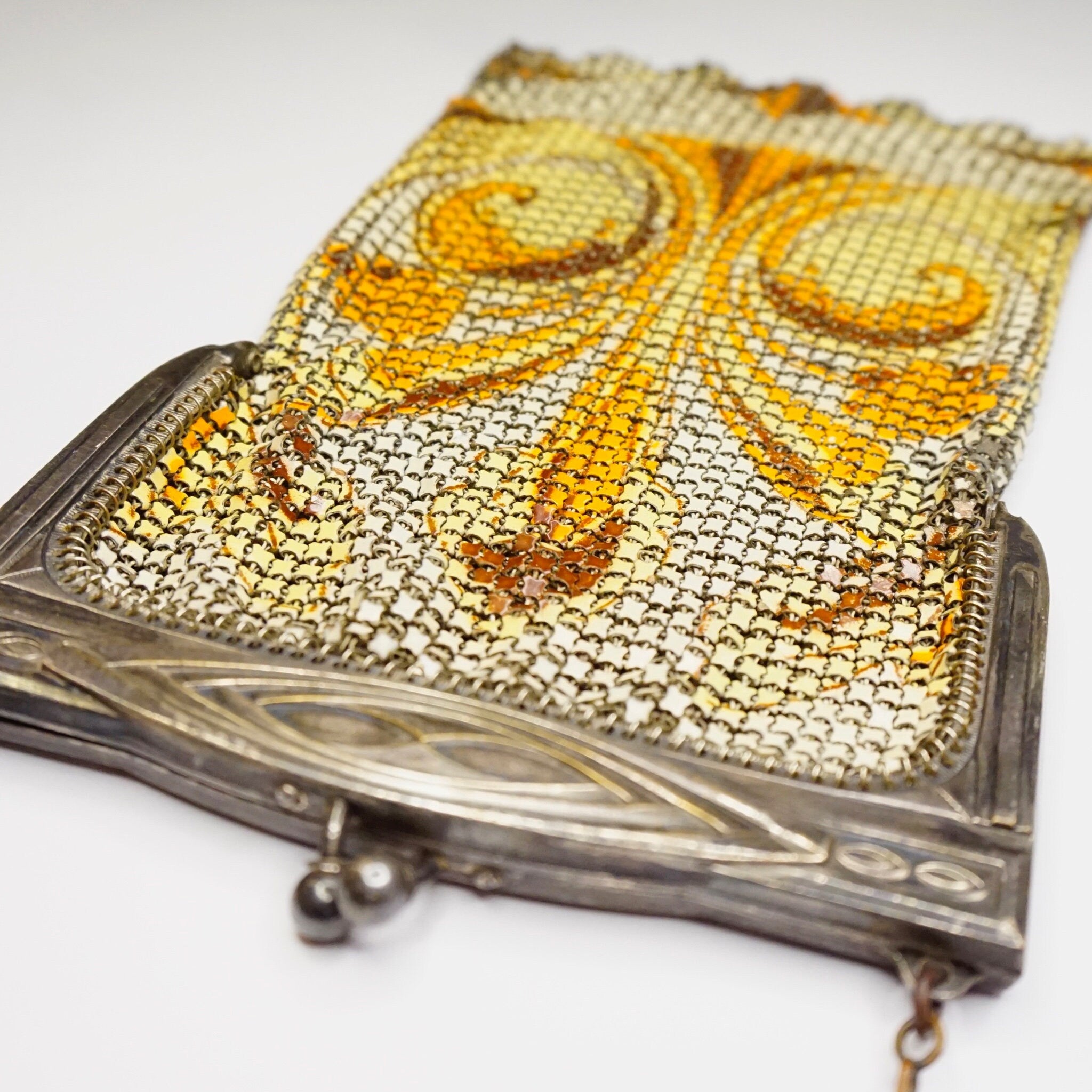 Vintage Whiting & Davis Enamel Mesh Purse, Color Chainmail Bag With Swirl Design, Antique Art Deco Mesh Hand Purse, Whiting and Davis Co