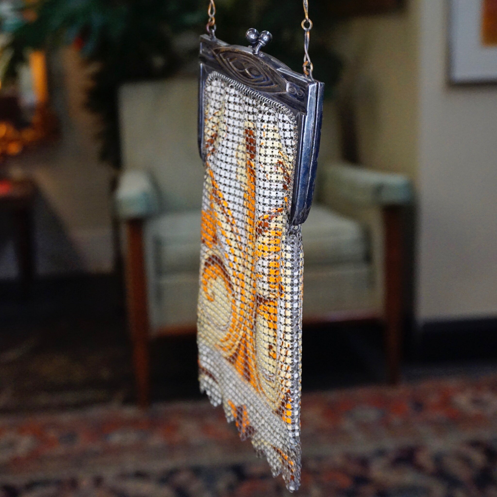 Vintage Whiting & Davis Enamel Mesh Purse, Color Chainmail Bag With Swirl Design, Antique Art Deco Mesh Hand Purse, Whiting and Davis Co