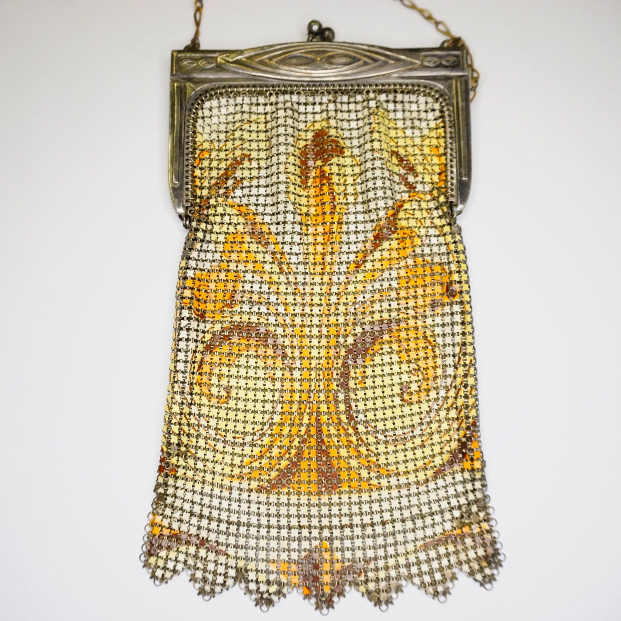 Vintage Whiting & Davis Enamel Mesh Purse, Color Chainmail Bag With Swirl Design, Antique Art Deco Mesh Hand Purse, Whiting and Davis Co