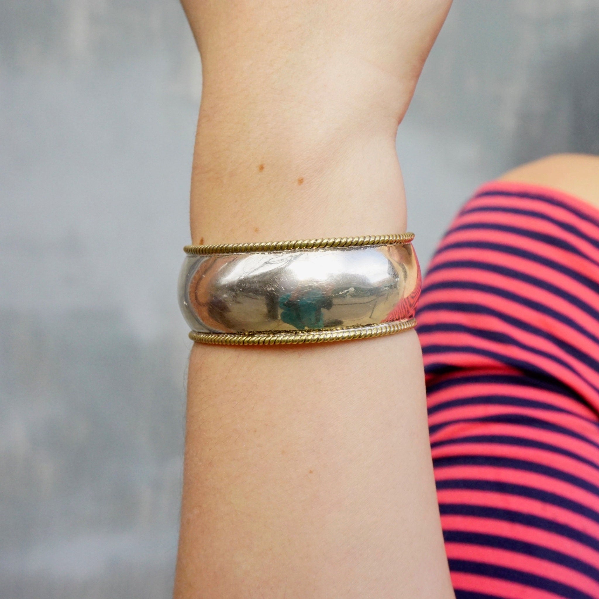 Vintage Sterling Silver Cuff With Gold Tone Accents, TAXCO Silver Bracelet With Woven Brass Trim, Minimalist Sterling Bracelet Cuff, Mex 925