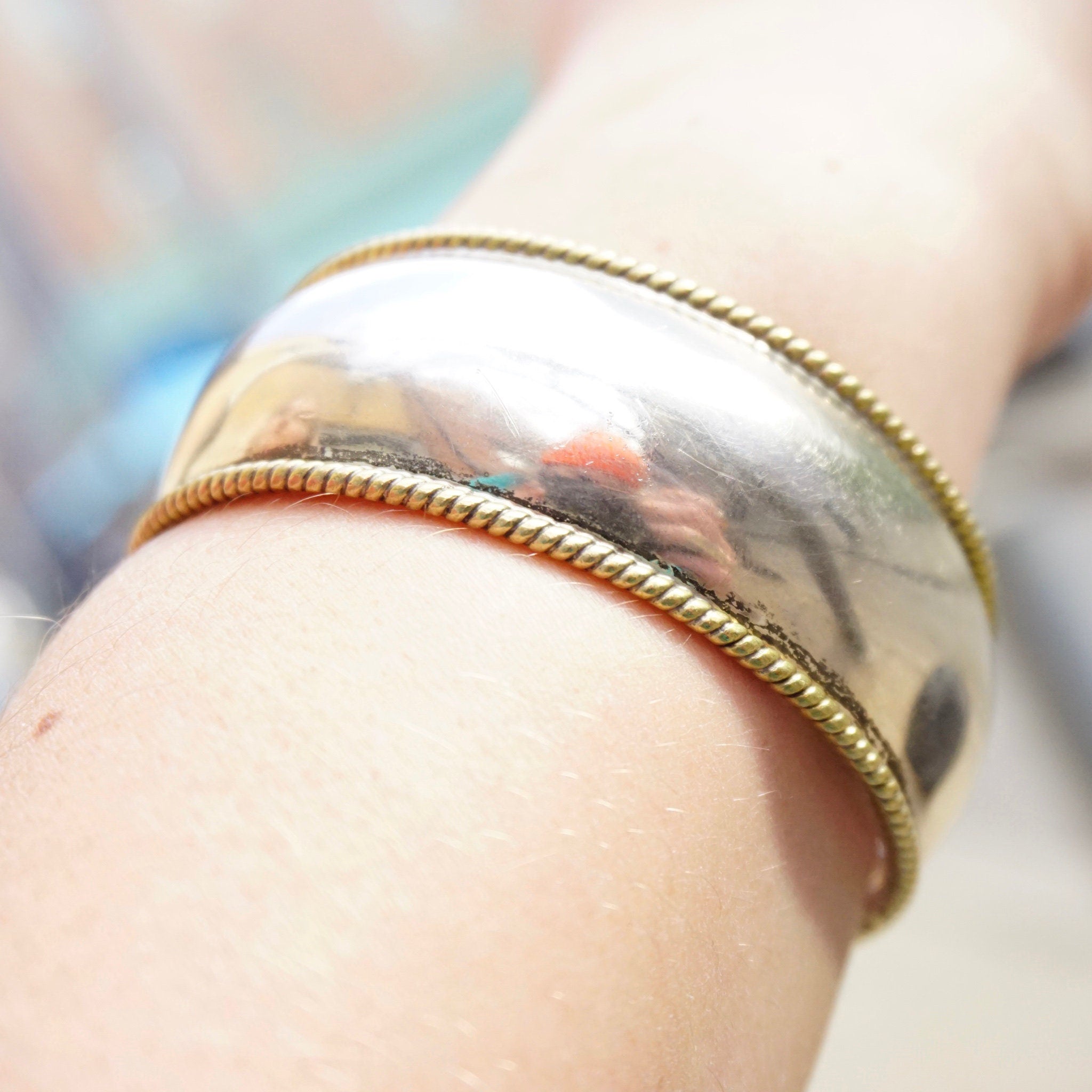 Vintage Sterling Silver Cuff With Gold Tone Accents, TAXCO Silver Bracelet With Woven Brass Trim, Minimalist Sterling Bracelet Cuff, Mex 925