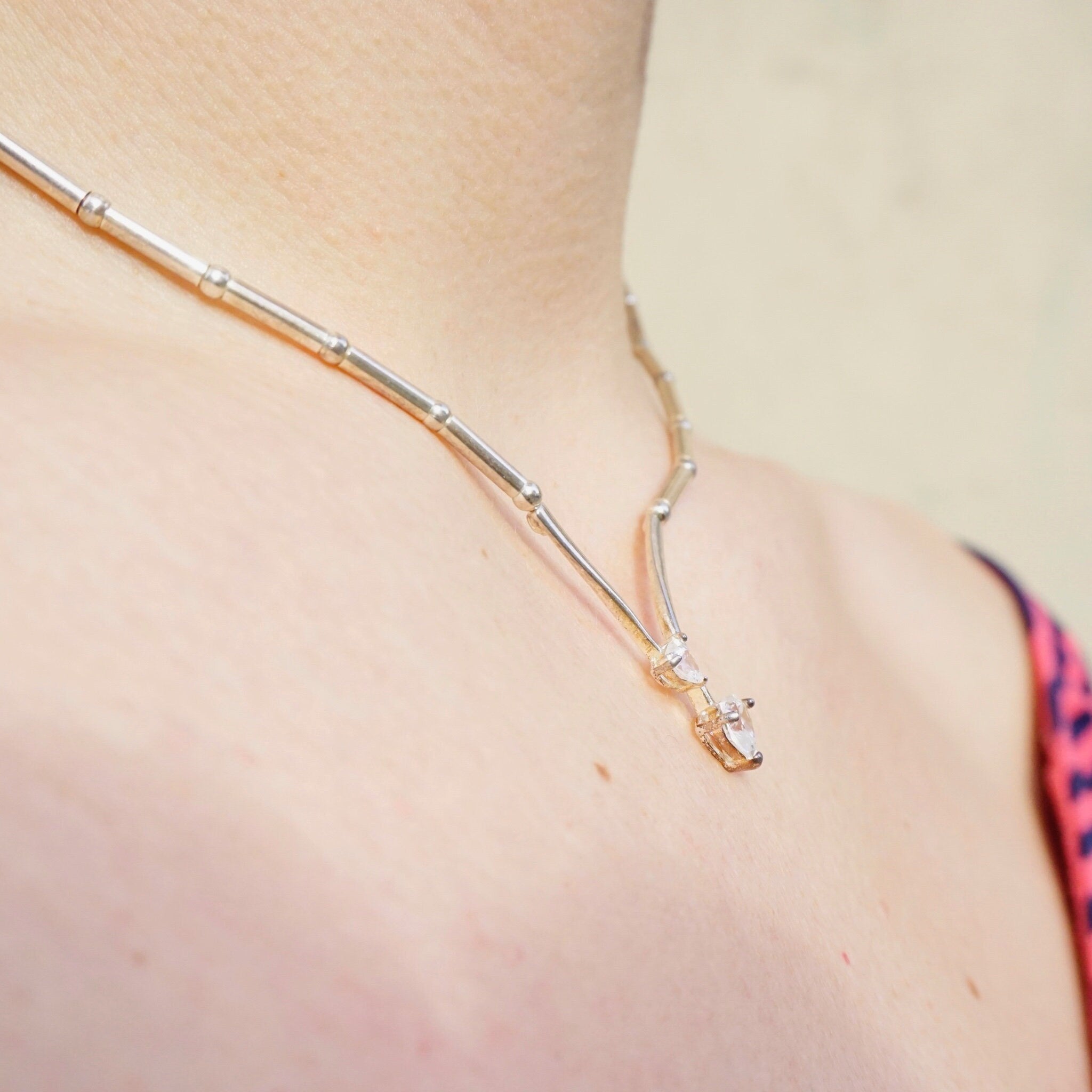 Vintage Sterling Silver Necklace With Heart Shaped Cubic Zirconium, Silver Choker With 2 Heart Shaped Stones, 925 Jewelry