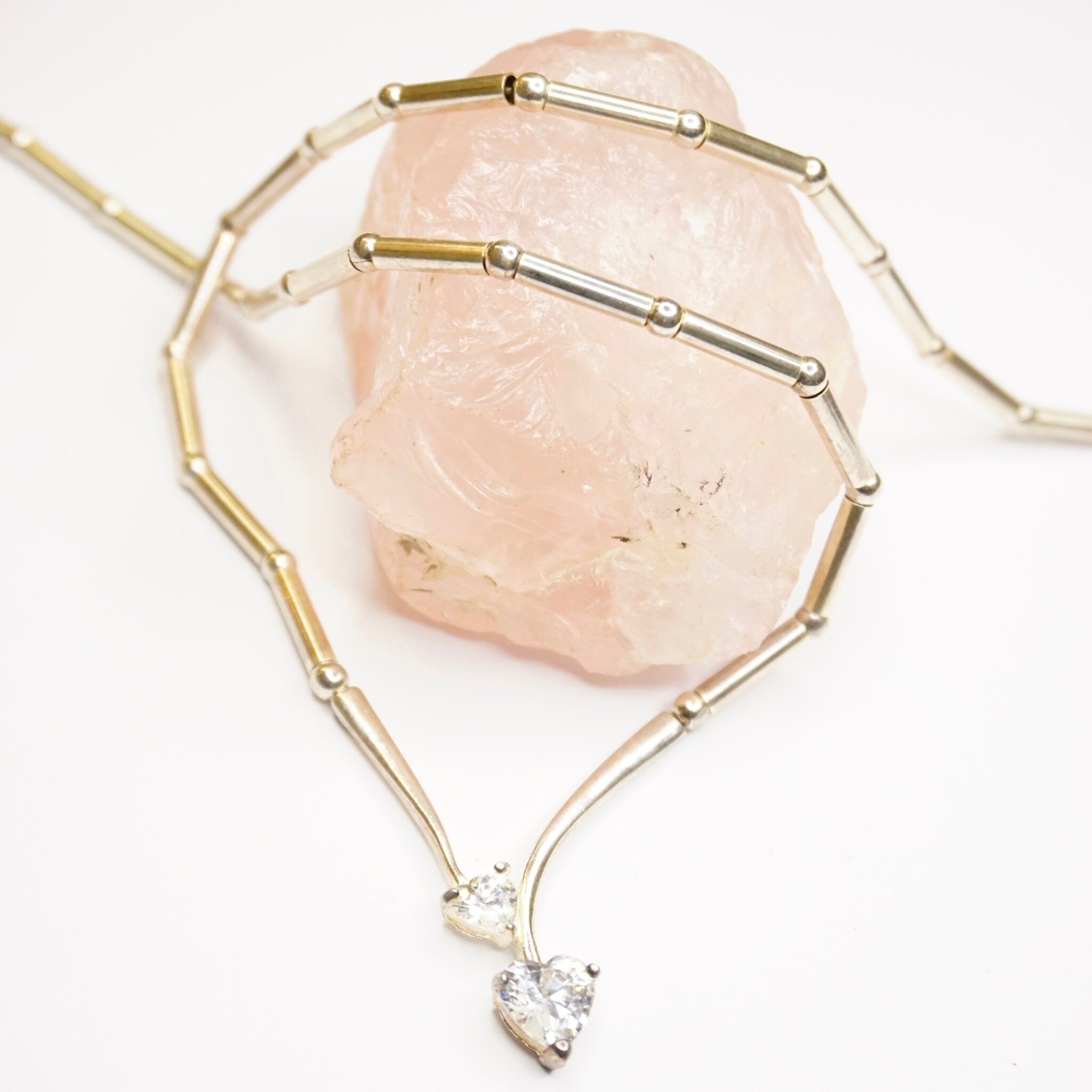 Vintage Sterling Silver Necklace With Heart Shaped Cubic Zirconium, Silver Choker With 2 Heart Shaped Stones, 925 Jewelry