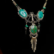 Vintage Turquoise And Malachite Necklace, Beautiful Silver Necklace With Multi-Stone Pendant, Turquoise Necklace With Silver Tassels
