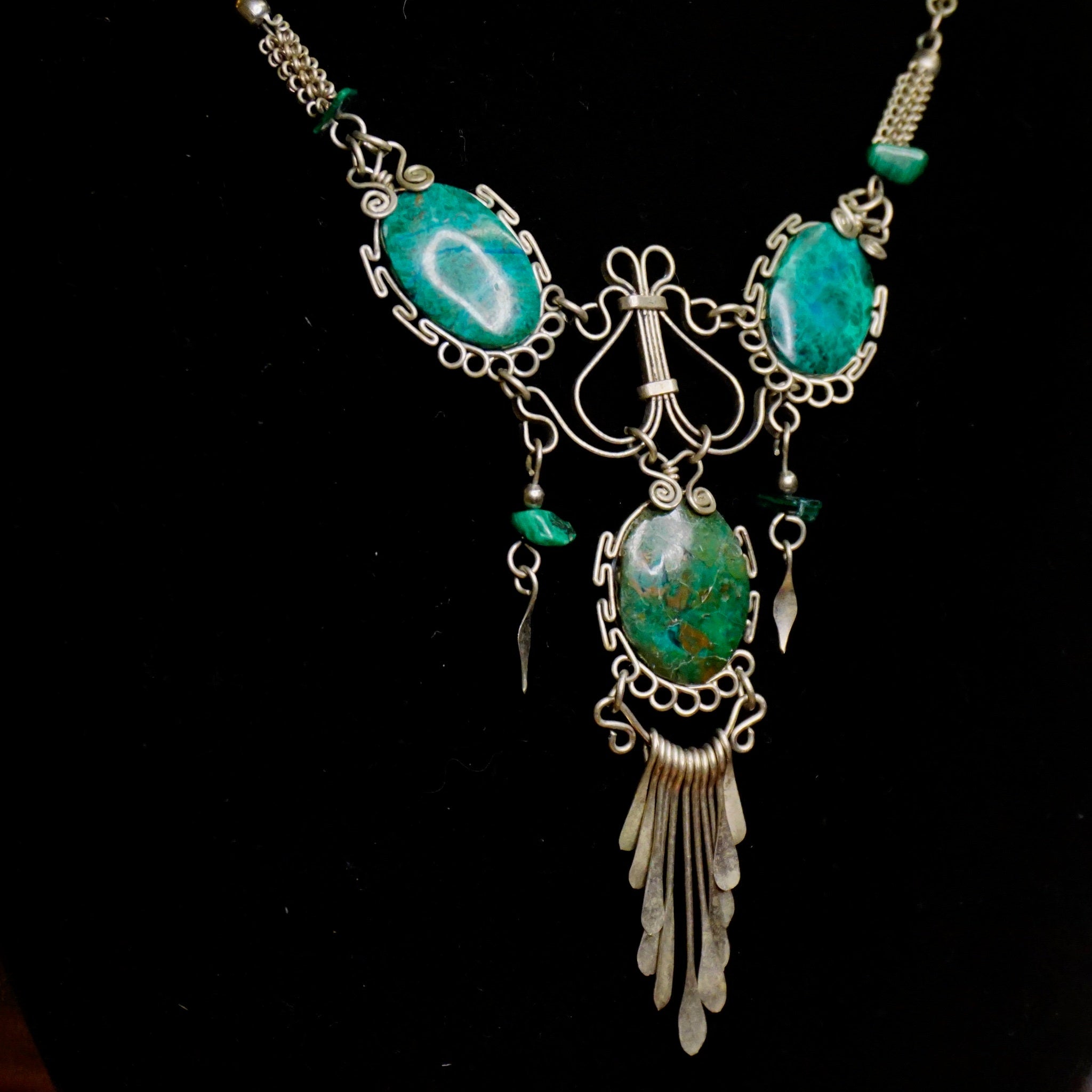 Vintage Turquoise And Malachite Necklace, Beautiful Silver Necklace With Multi-Stone Pendant, Turquoise Necklace With Silver Tassels