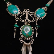 Vintage Turquoise And Malachite Necklace, Beautiful Silver Necklace With Multi-Stone Pendant, Turquoise Necklace With Silver Tassels