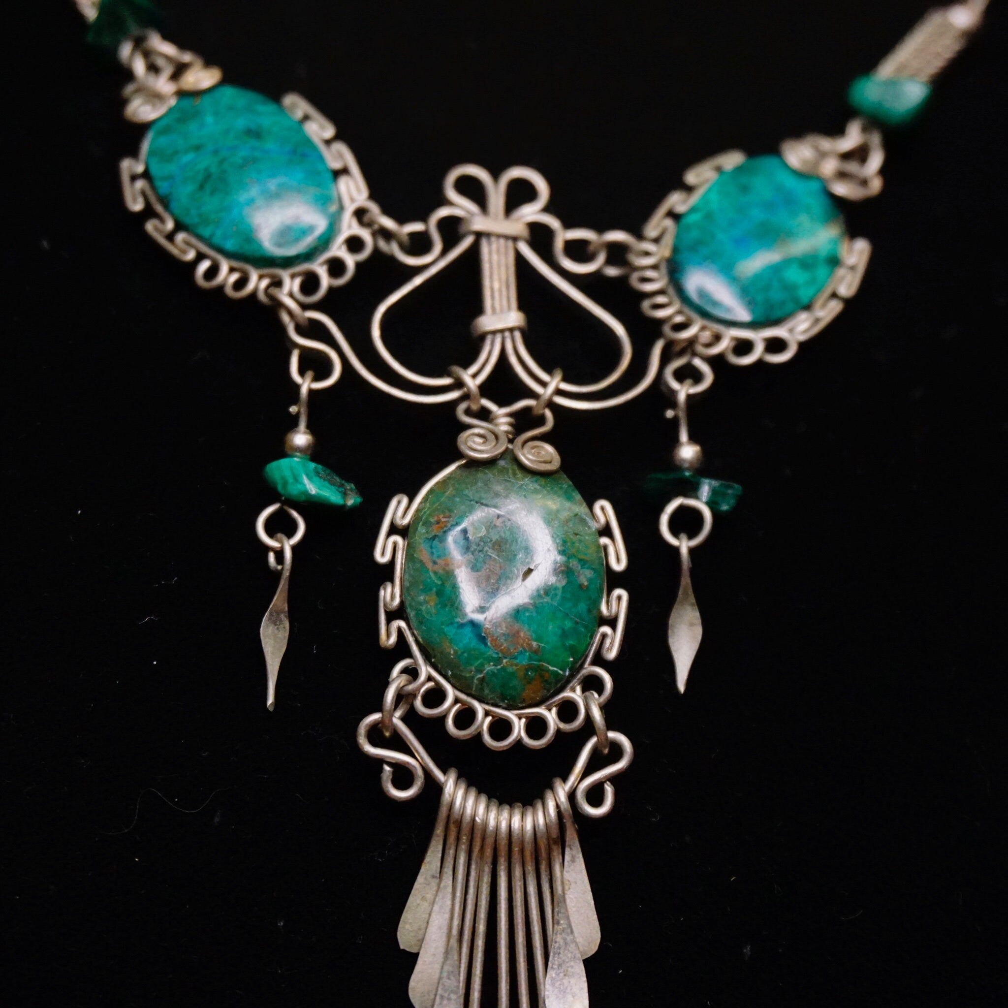 Vintage Turquoise And Malachite Necklace, Beautiful Silver Necklace With Multi-Stone Pendant, Turquoise Necklace With Silver Tassels