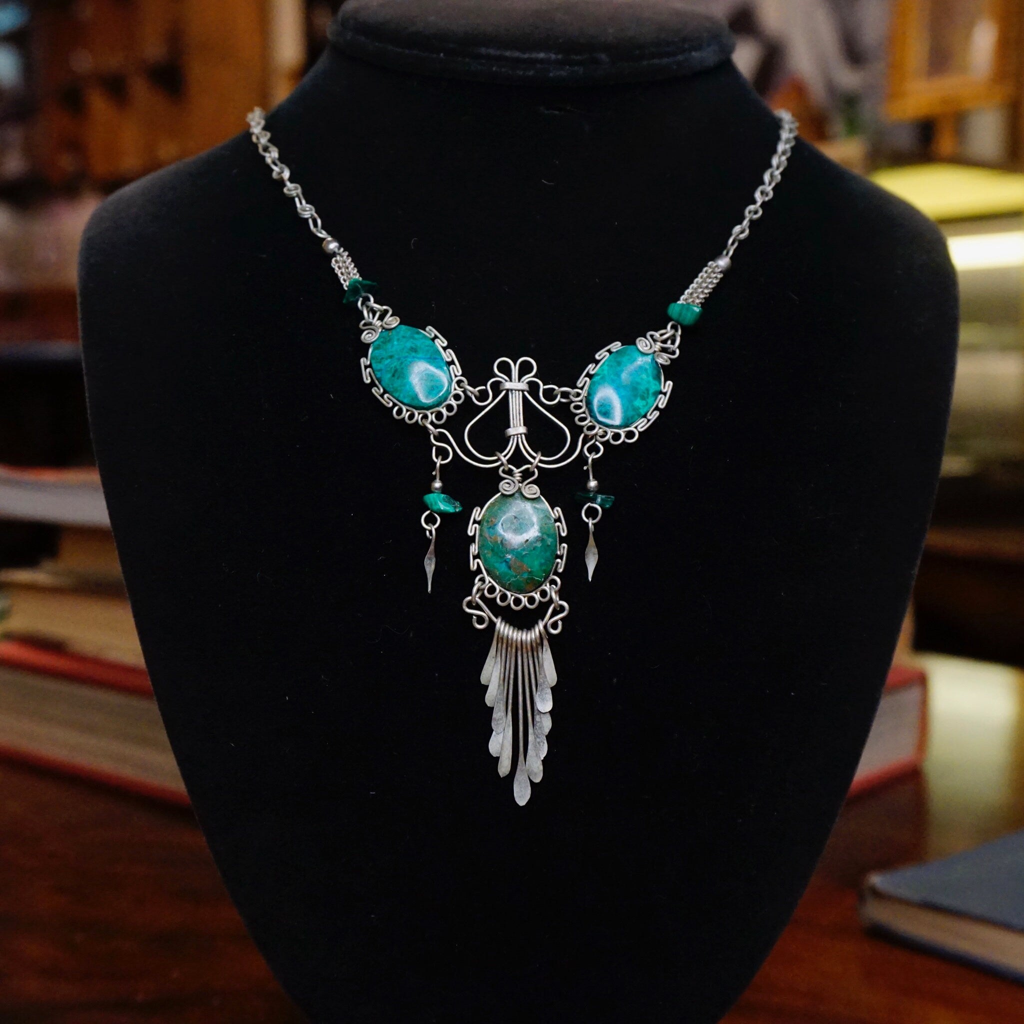 Vintage Turquoise And Malachite Necklace, Beautiful Silver Necklace With Multi-Stone Pendant, Turquoise Necklace With Silver Tassels