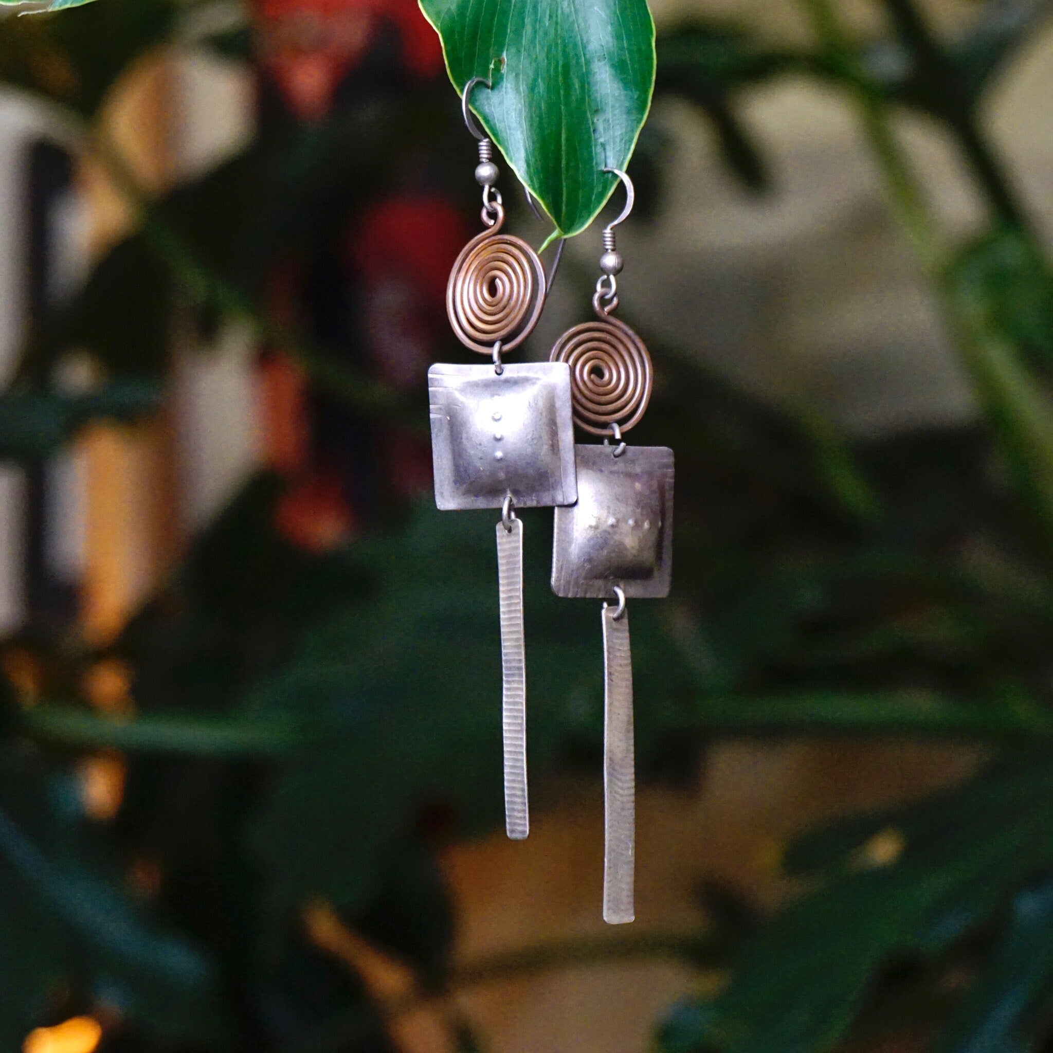 Vintage Silver Dangle Earrings, Abstract Silver Earrings With Swirl Design, Long Silver Earrings With Hammered Details, Statement Jewelry