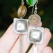Vintage Silver Dangle Earrings, Abstract Silver Earrings With Swirl Design, Long Silver Earrings With Hammered Details, Statement Jewelry