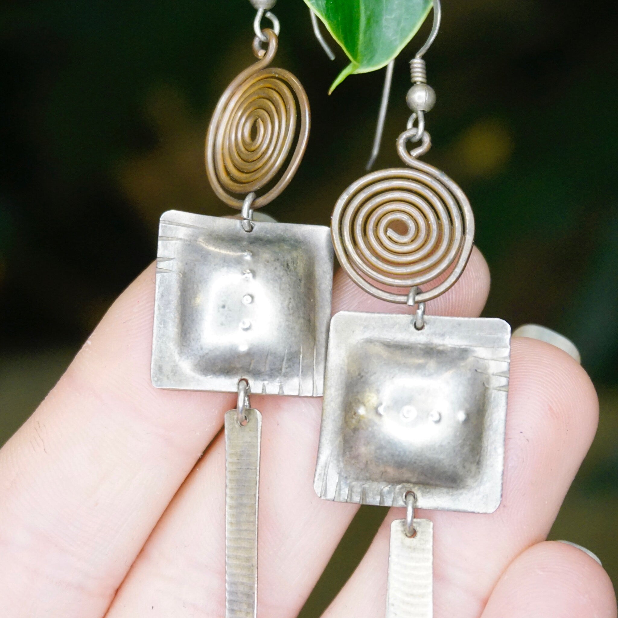 Vintage Silver Dangle Earrings, Abstract Silver Earrings With Swirl Design, Long Silver Earrings With Hammered Details, Statement Jewelry