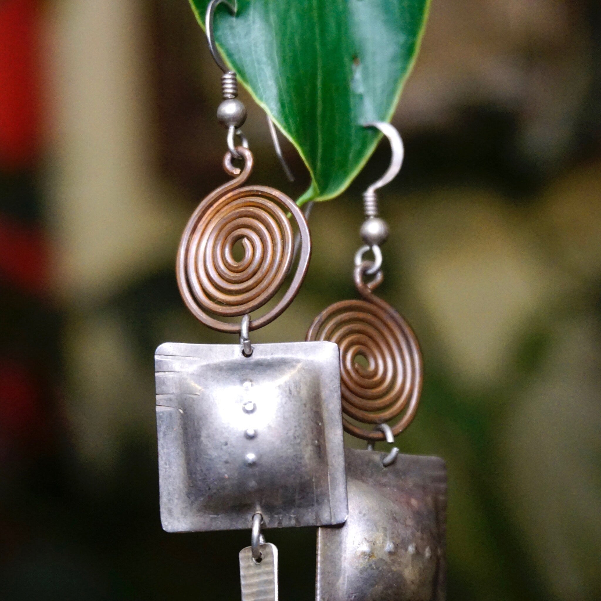 Vintage Silver Dangle Earrings, Abstract Silver Earrings With Swirl Design, Long Silver Earrings With Hammered Details, Statement Jewelry