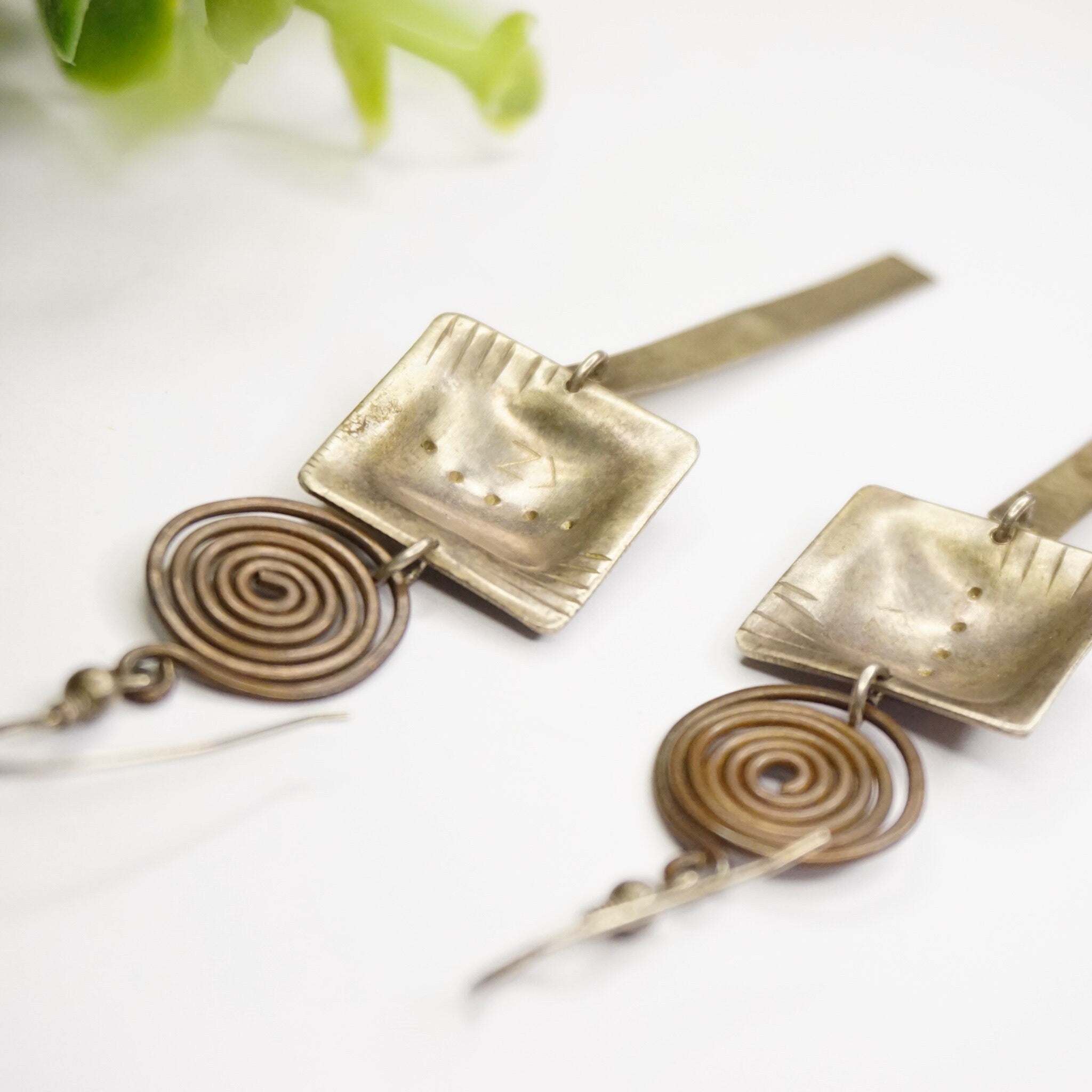 Vintage Silver Dangle Earrings, Abstract Silver Earrings With Swirl Design, Long Silver Earrings With Hammered Details, Statement Jewelry