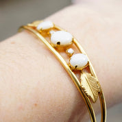 Vintage 14K Gold Filled Imitation Opal Bracelet Cuff, Beautiful Gold Tone Bracelet Leaf Details And Accent Diamonds, Multi-Stone Gold Cuff