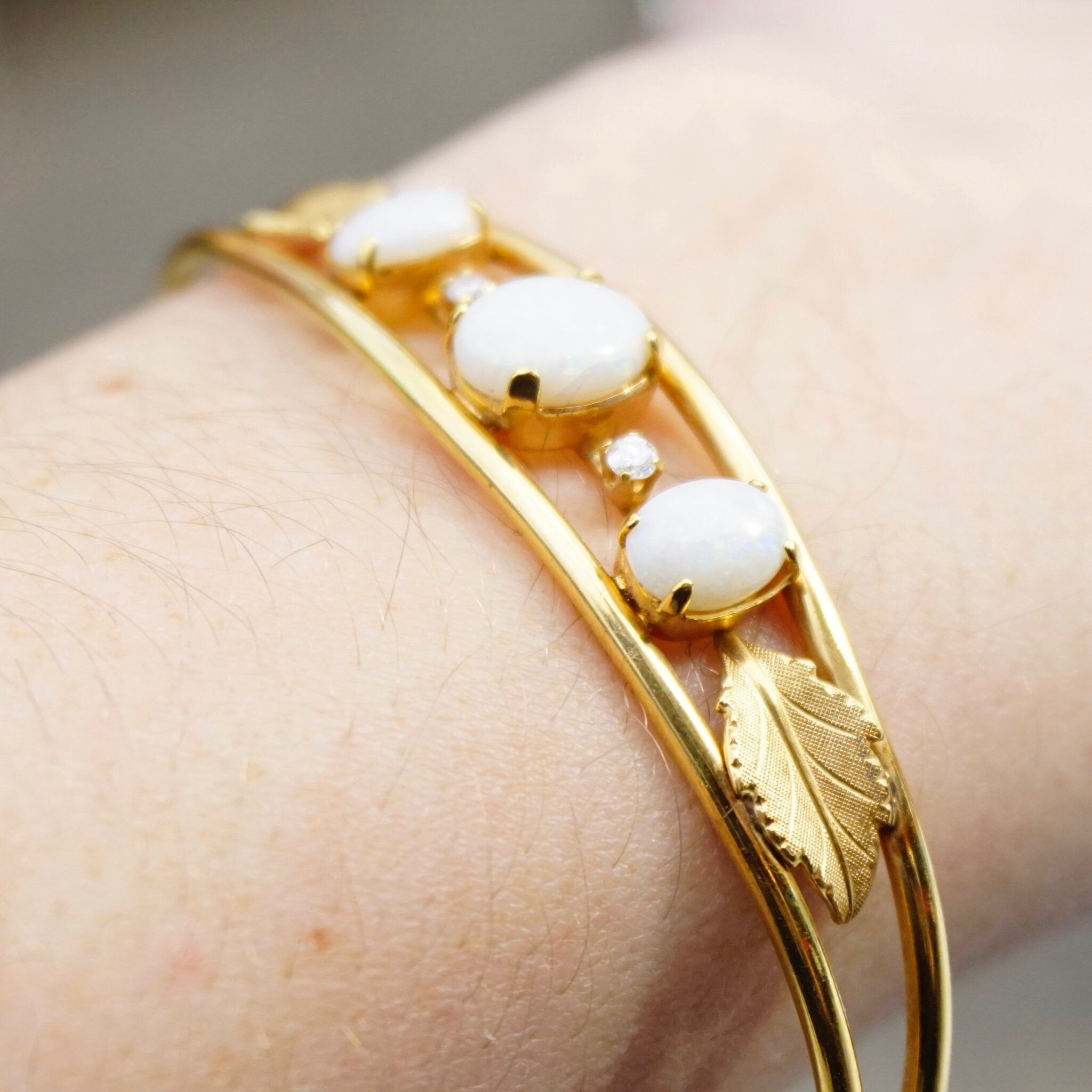 Vintage 14K Gold Filled Imitation Opal Bracelet Cuff, Beautiful Gold Tone Bracelet Leaf Details And Accent Diamonds, Multi-Stone Gold Cuff