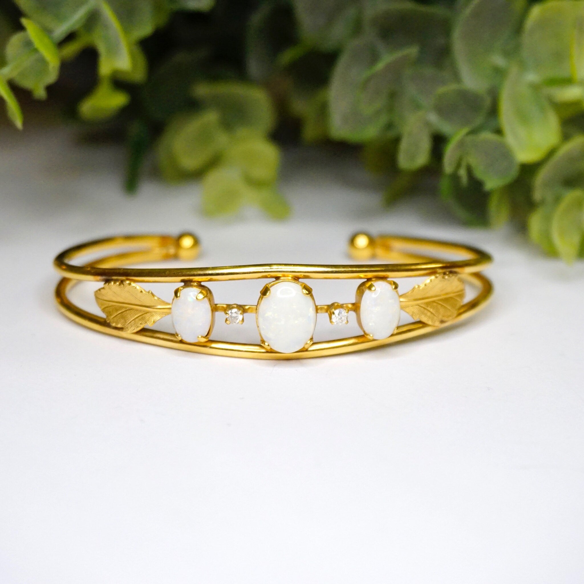 Vintage 14K Gold Filled Imitation Opal Bracelet Cuff, Beautiful Gold Tone Bracelet Leaf Details And Accent Diamonds, Multi-Stone Gold Cuff