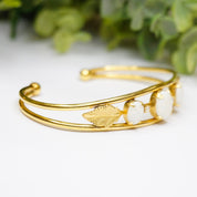 Vintage 14K Gold Filled Imitation Opal Bracelet Cuff, Beautiful Gold Tone Bracelet Leaf Details And Accent Diamonds, Multi-Stone Gold Cuff