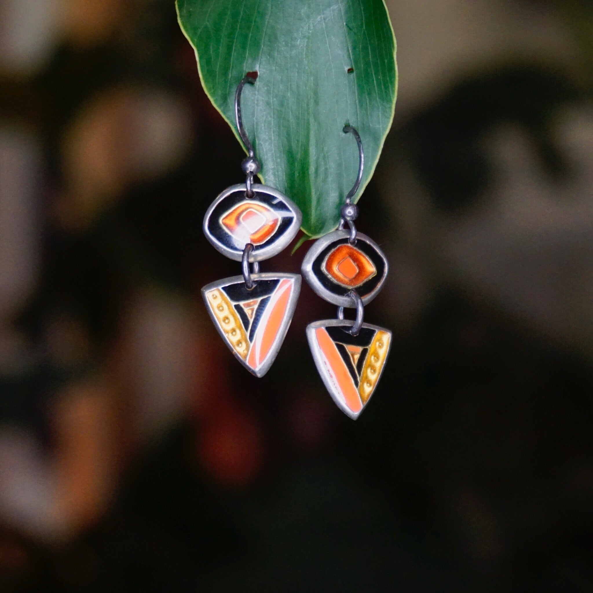 Retro Sterling Silver Enamel Dangle Earrings, Abstract Silver Earrings With Colorful Enamel, Signed Artisan Silver Earrings, 925 Jewelry