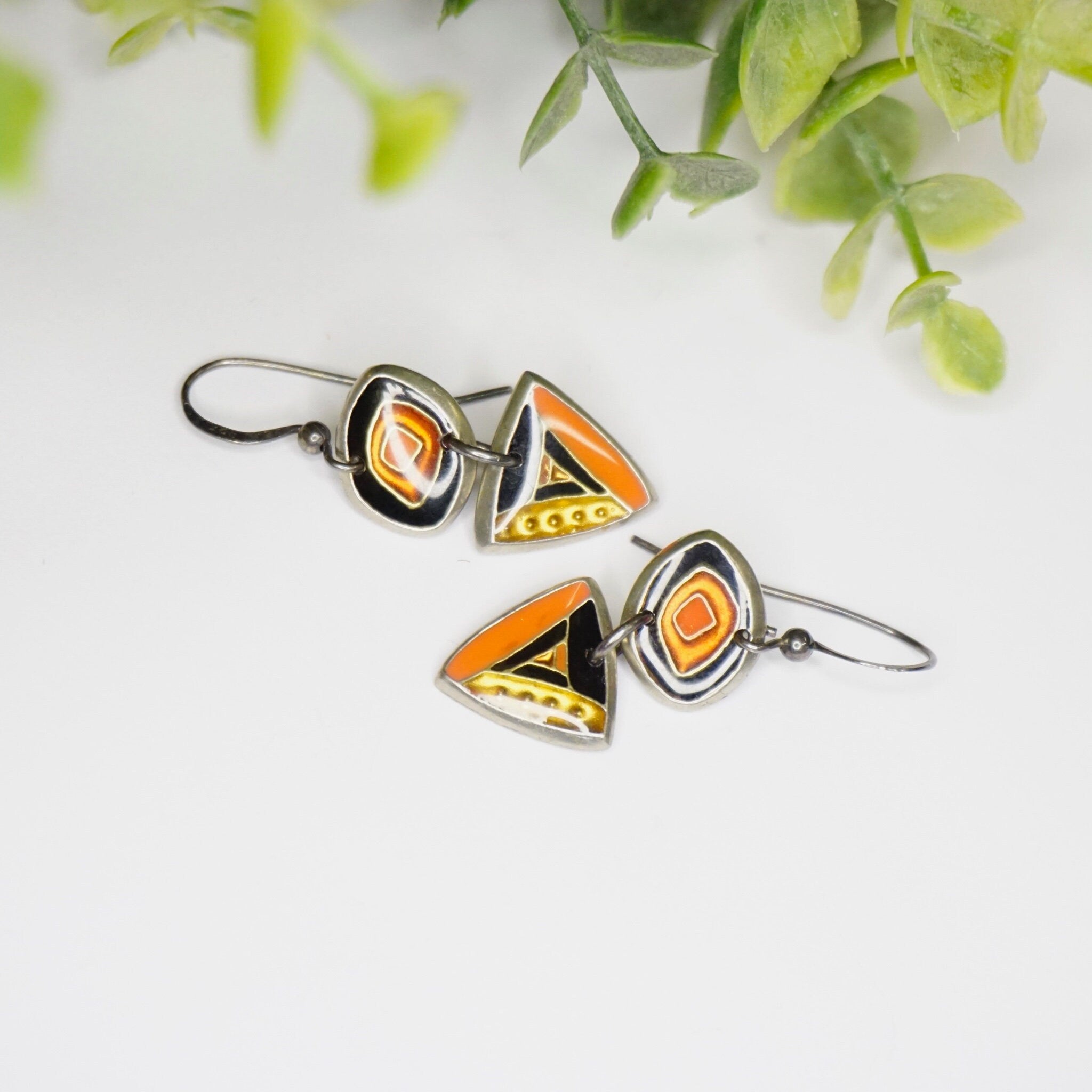 Retro Sterling Silver Enamel Dangle Earrings, Abstract Silver Earrings With Colorful Enamel, Signed Artisan Silver Earrings, 925 Jewelry