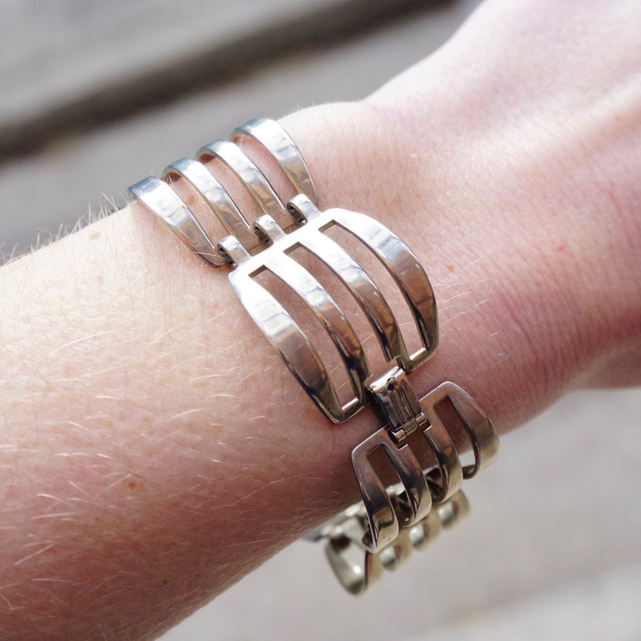 Vintage Silver Link Bracelet, Modernist Silver Cut Out Bracelet, Unique Silver Link Bracelet With Cut Out Details, Minimalist Jewelry