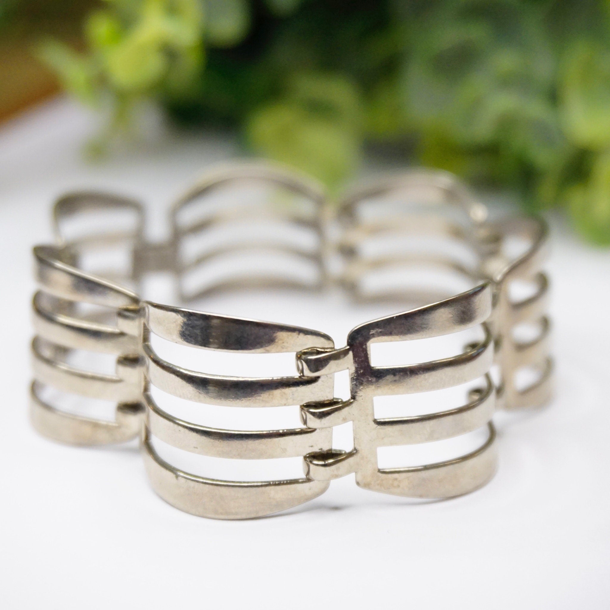 Vintage Silver Link Bracelet, Modernist Silver Cut Out Bracelet, Unique Silver Link Bracelet With Cut Out Details, Minimalist Jewelry
