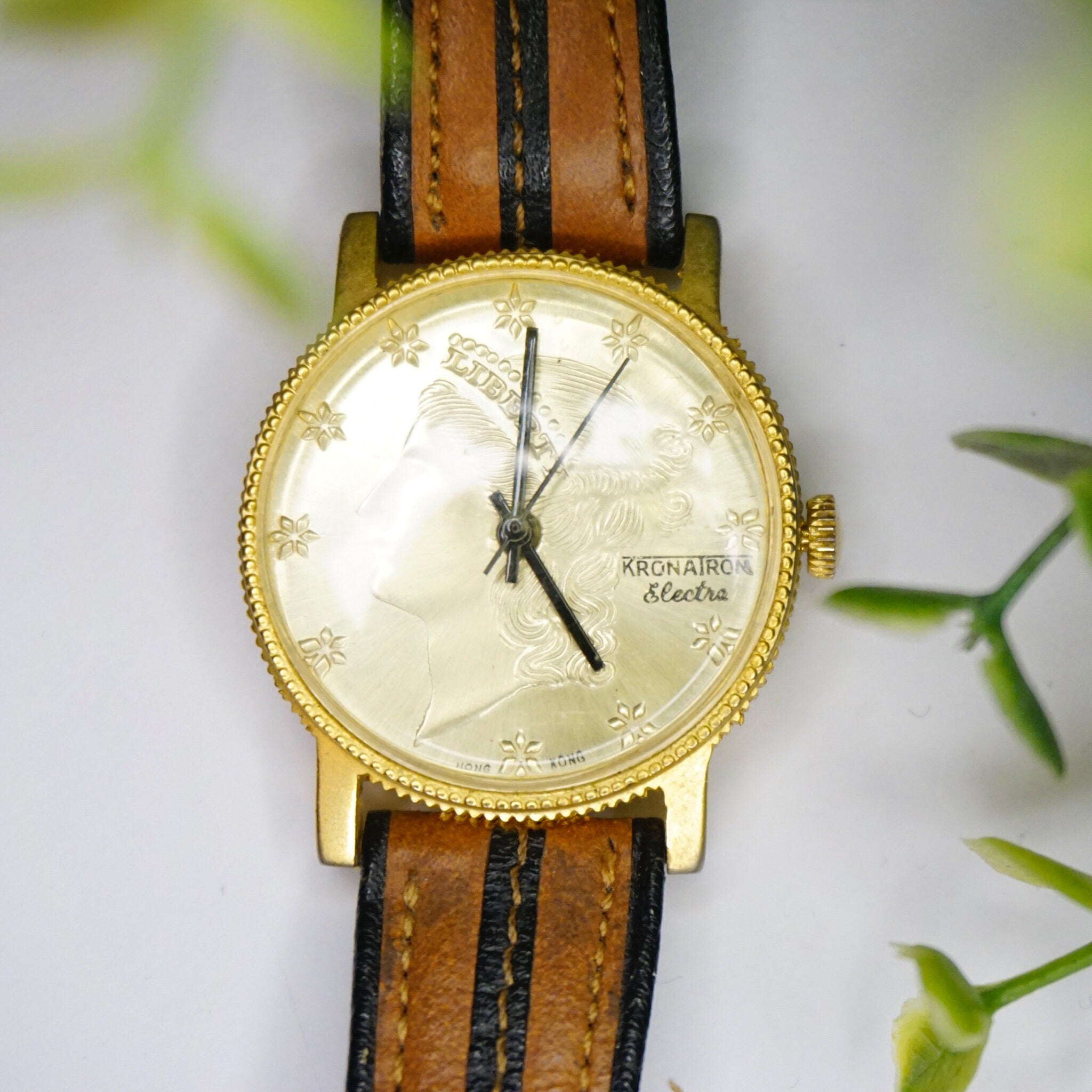 Vintage Kronatron Electra Lady Liberty Wrist Watch, Men's Wind-Up Watch With Leather Band, Working Kronatron Watch With Lady Liberty Face