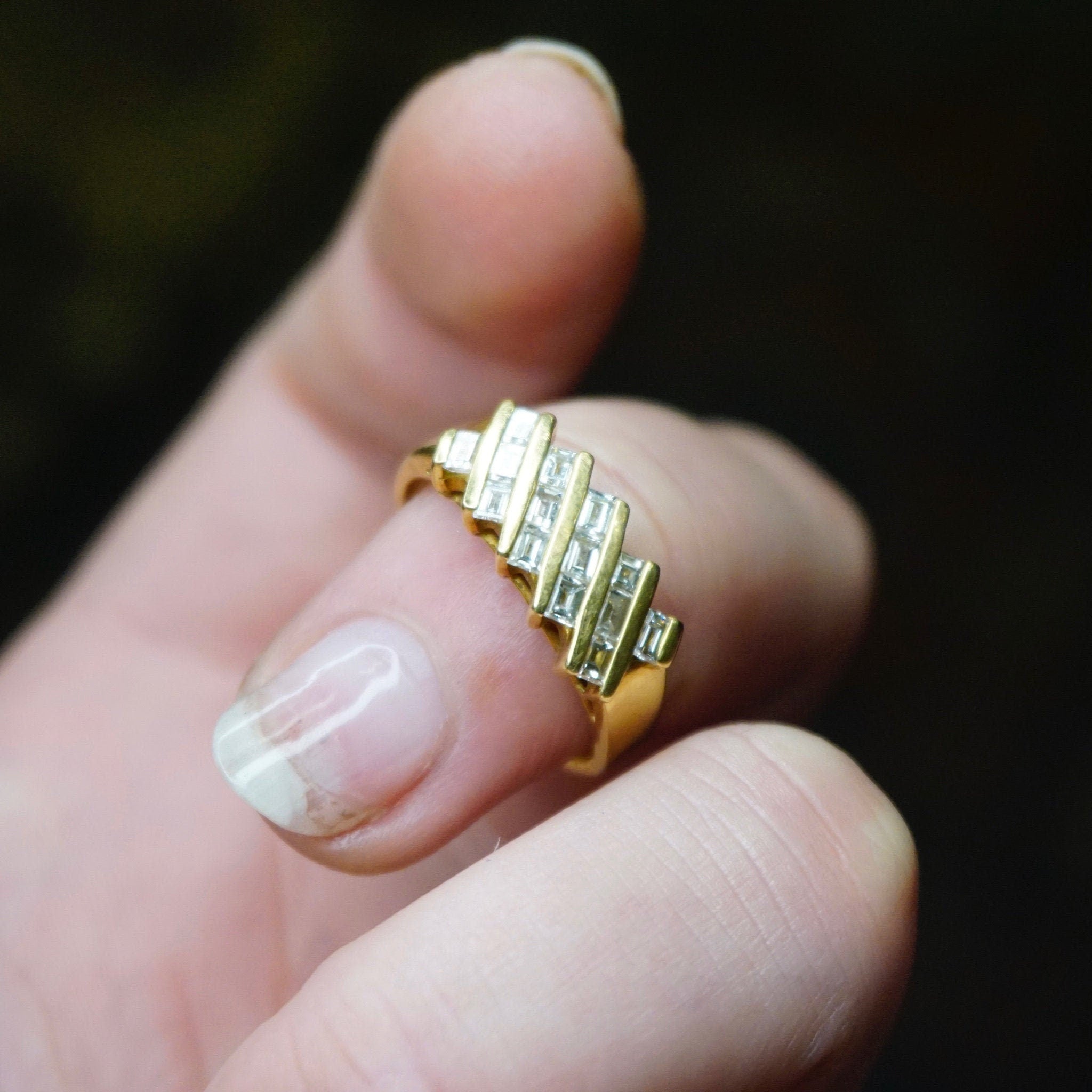 Vintage 18K Gold Ring With Baguette Diamonds, Beautiful Gold Ring With Inlaid Diamonds, Gold Ring With 14 Baguette Cut Diamonds, 750 Jewelry