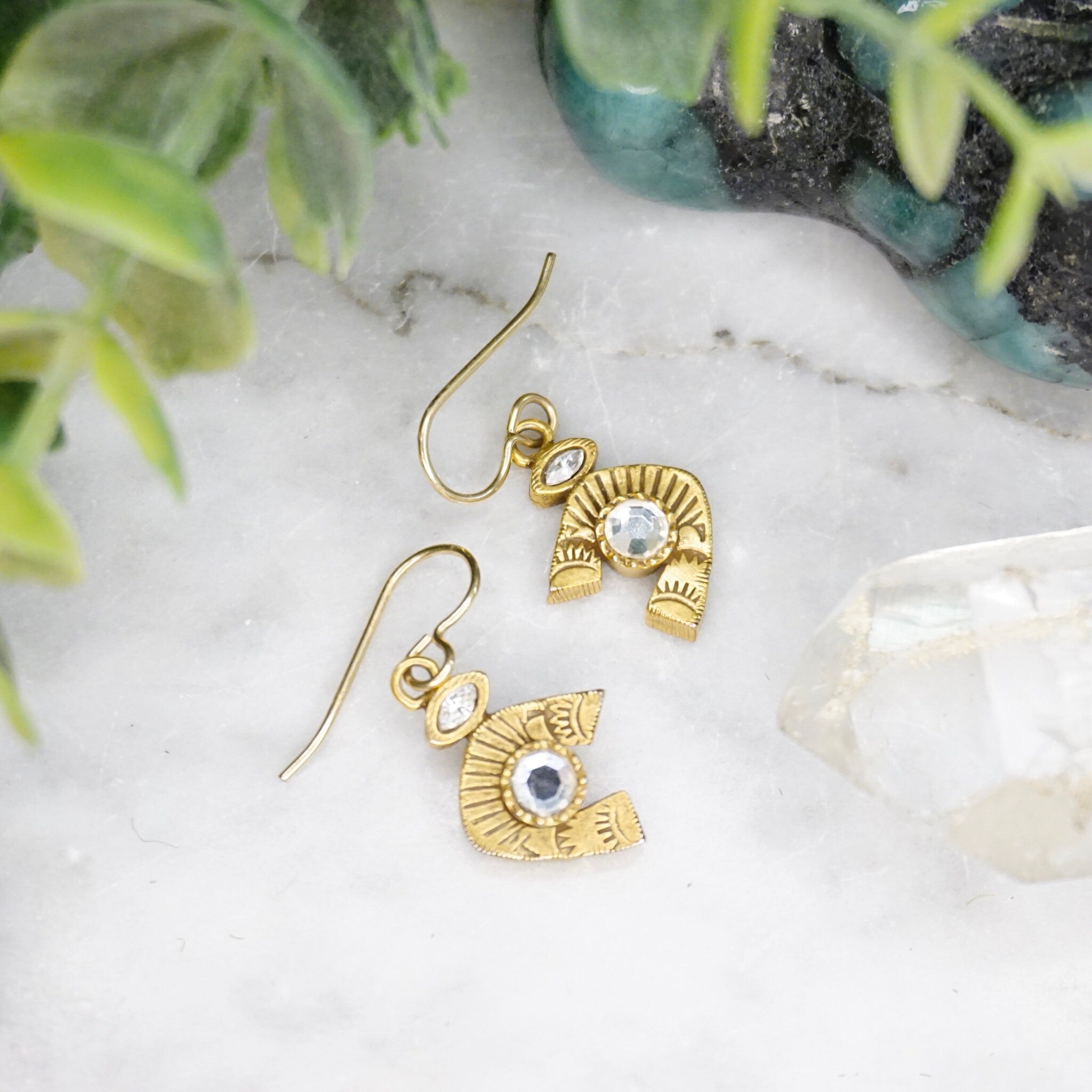 Vintage Patricia Locke Gold Tone Swarovski Crystal Dangle Earrings, Gold Horseshoe Earrings With Etched Details, Signed Jewelry