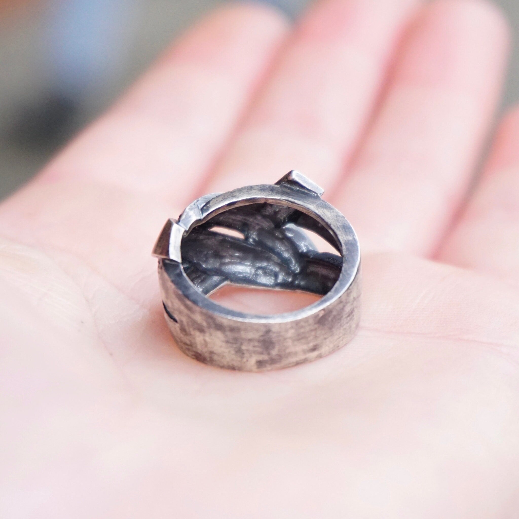 Vintage Oxidized Sterling Silver Ring, Modernist Silver Ring With Woven Design, Textured Silver Cut Out Ring, S925 Jewelry, Size 7 1/2 US
