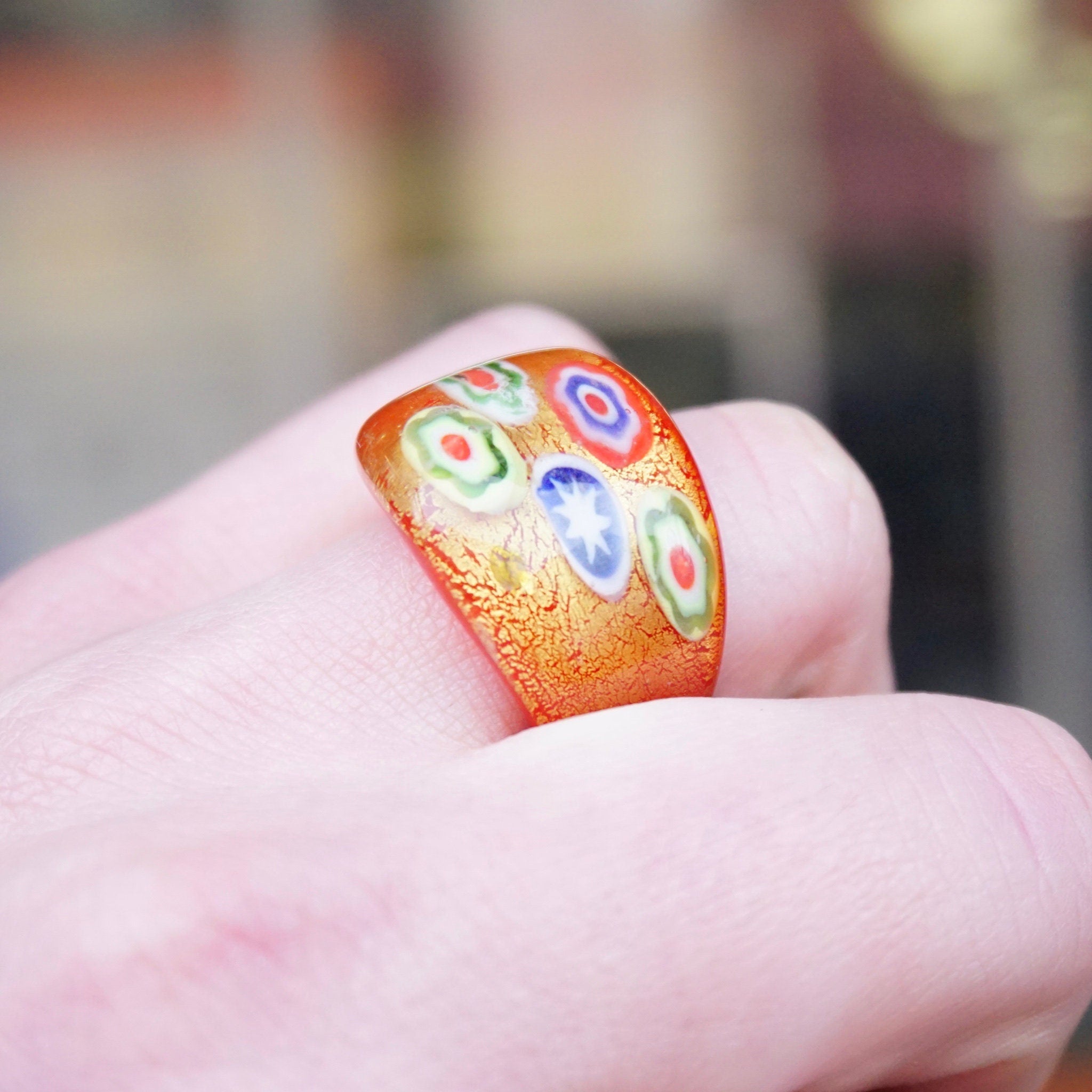 Vintage Murano Millefiori Glass Art Ring, Beautiful Red Glass Bubble Ring, Venetian Glass Ring With Gold Textures, Size 8 US Ring