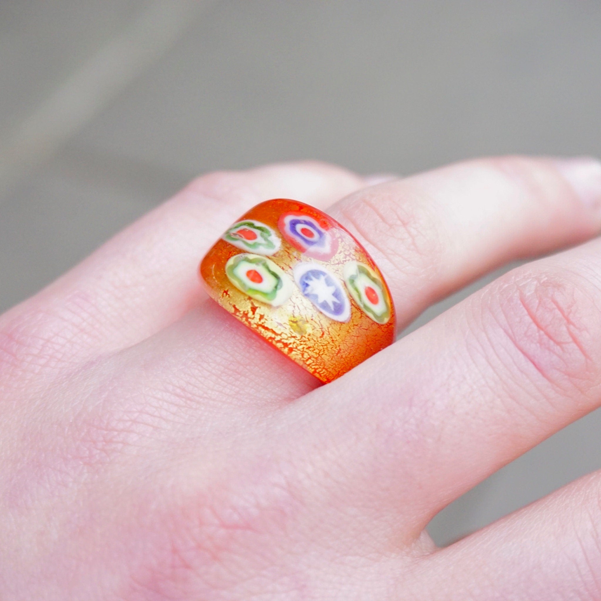 Vintage Murano Millefiori Glass Art Ring, Beautiful Red Glass Bubble Ring, Venetian Glass Ring With Gold Textures, Size 8 US Ring
