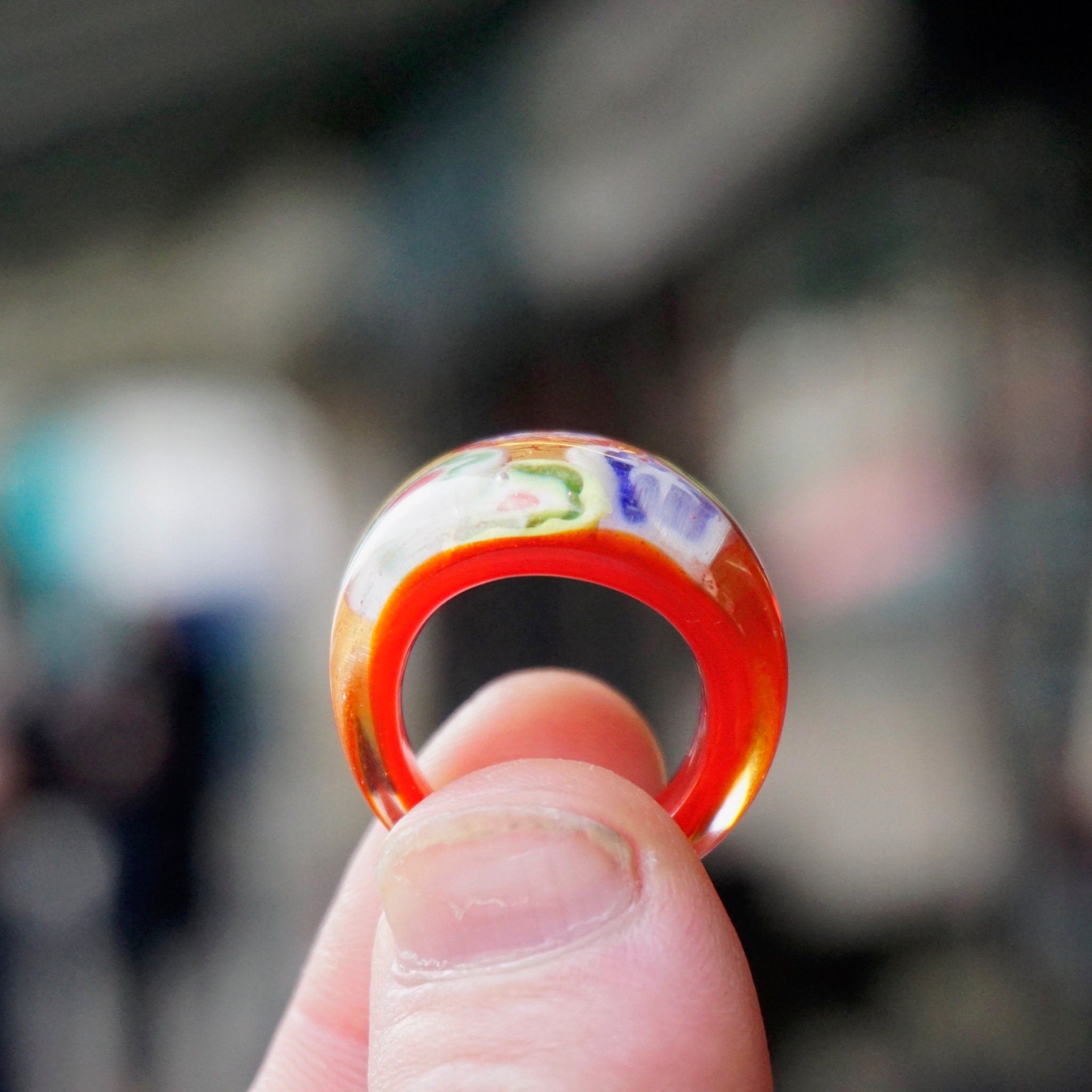 Vintage Murano Millefiori Glass Art Ring, Beautiful Red Glass Bubble Ring, Venetian Glass Ring With Gold Textures, Size 8 US Ring